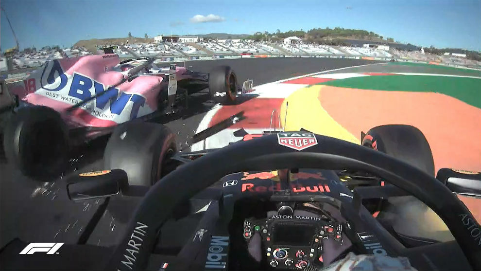 Verstappen intent� pasar por dentro y Stroll estaba por delante.