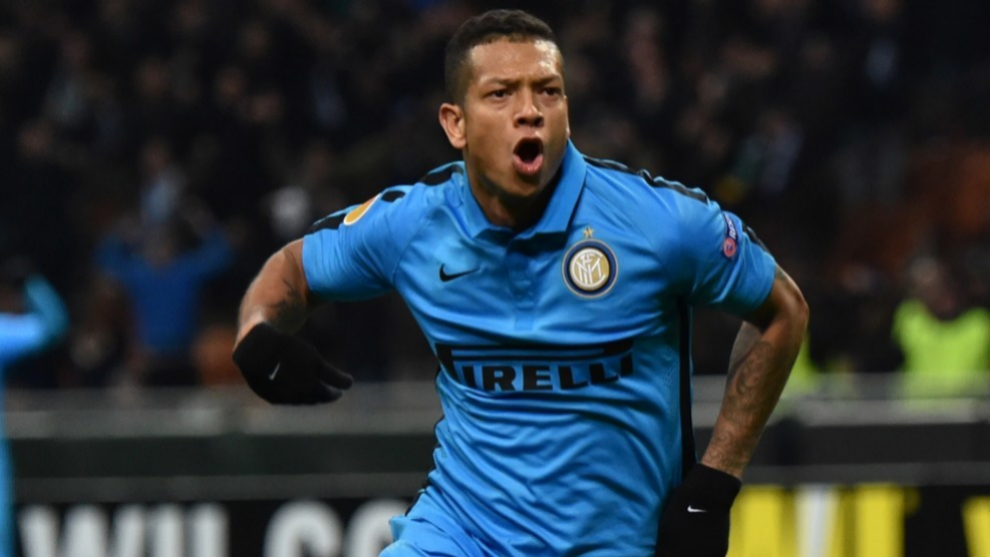 Fredy Guar�n celebra un gol durante su etapa en el Inter
