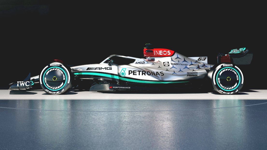 As� es el Mercedes W13c de Hamilton y Russell.