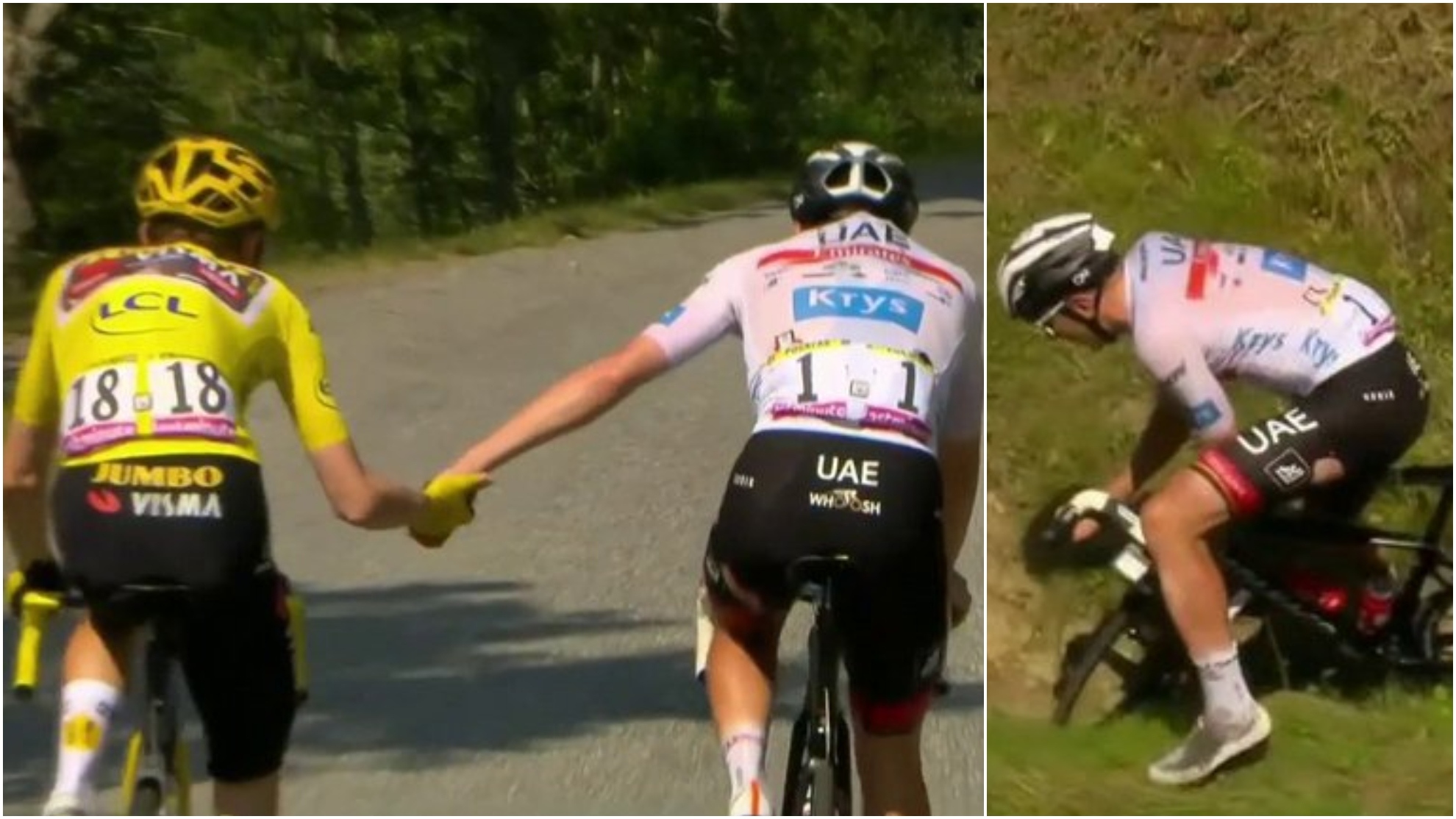 Pogacar and Vingegaard shake hands after a frantic descent