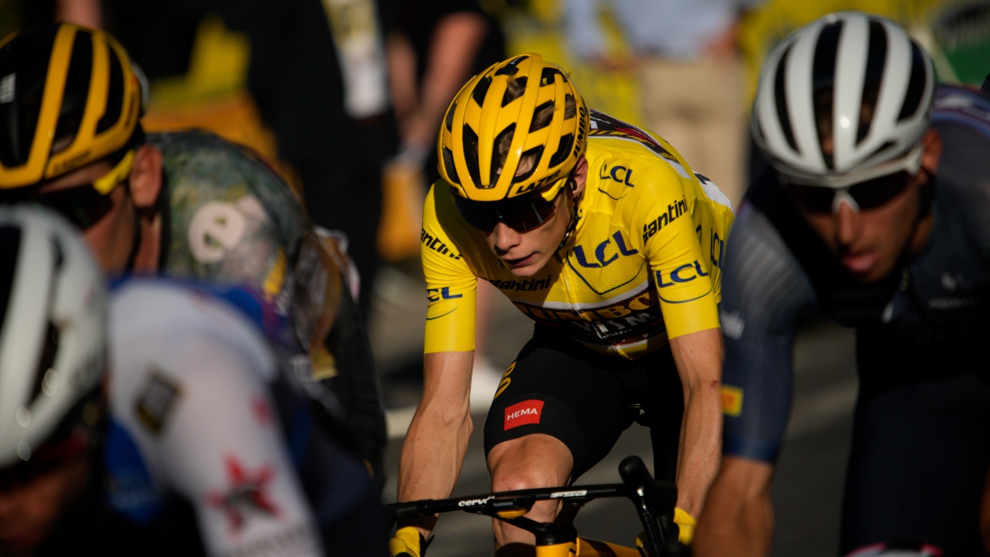 Denmarks Jonas Vingegaard, wearing the overall leaders yellow jersey.