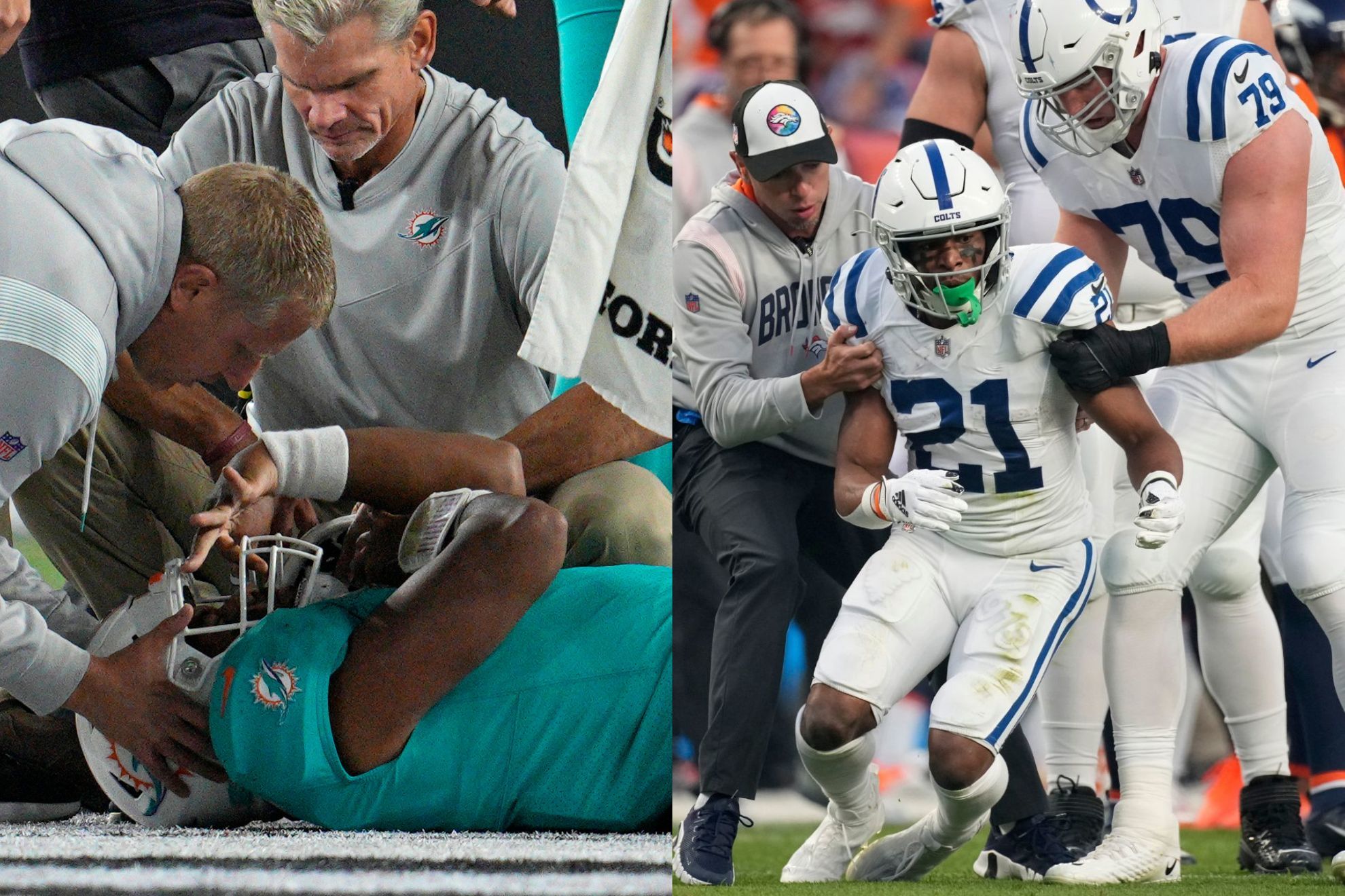 Miami Dolphins QB Tua Tagovailoa (left) and Indianapolis Colts RB Nyheim Hines (right) / AP