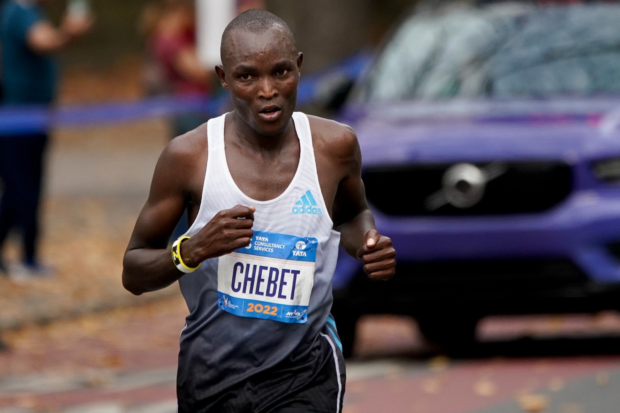 Evans Chebet, of Kenya, leads the mens elite division runners.