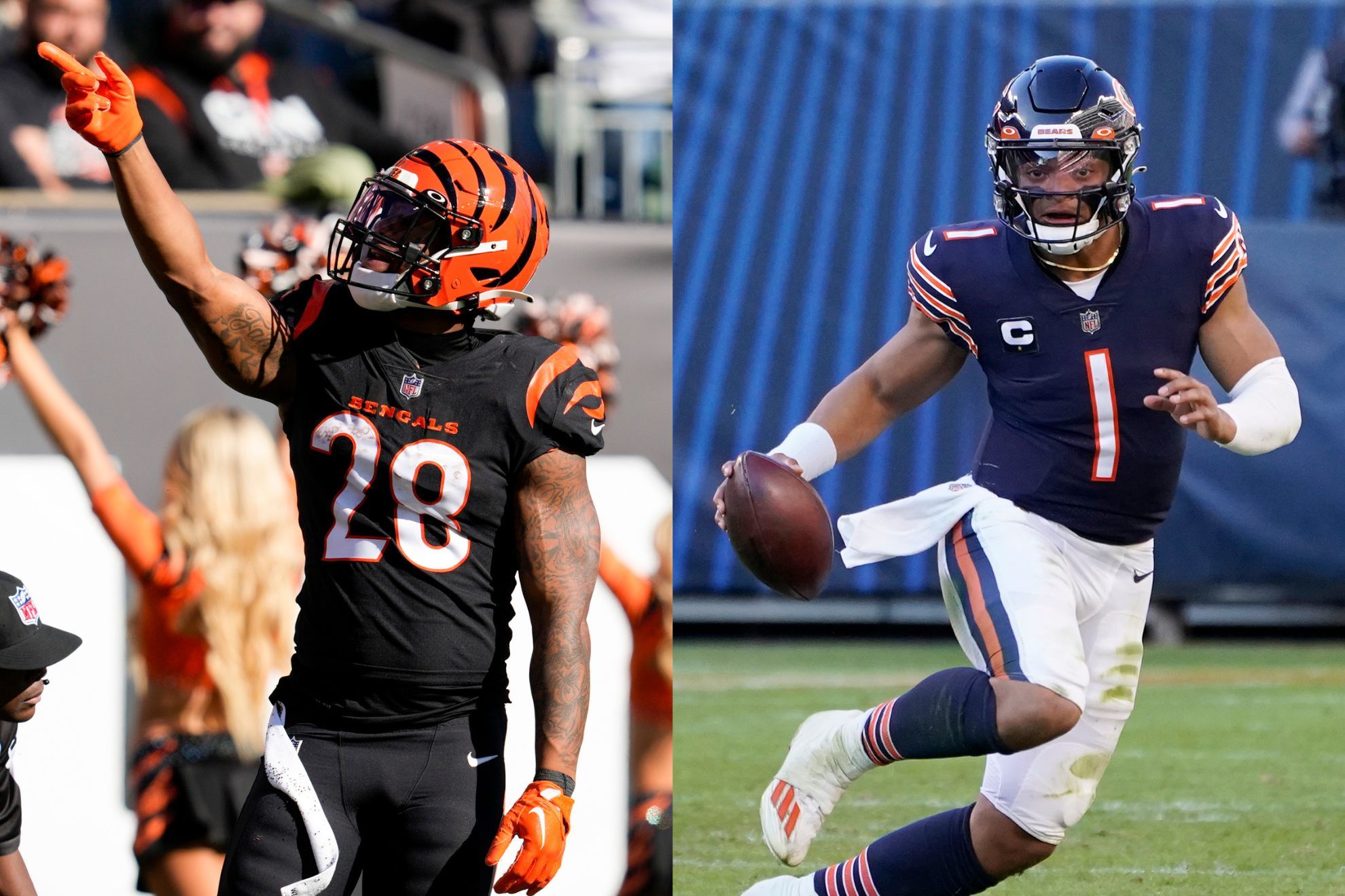 Cincinnati Bengals RB Joe Mixon (left) and Chicago Bears QB Justin Fields (right)