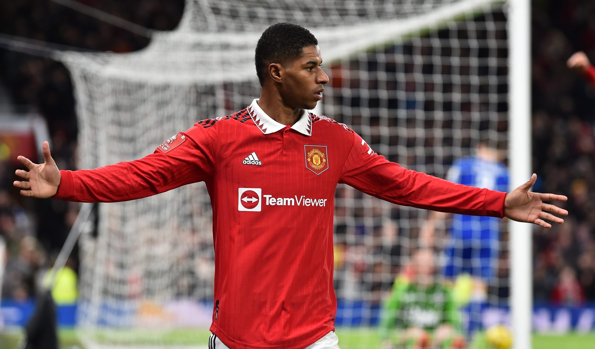 Manchester Uniteds Marcus Rashford reacts after Evertons Conor Coady scored an own goal
