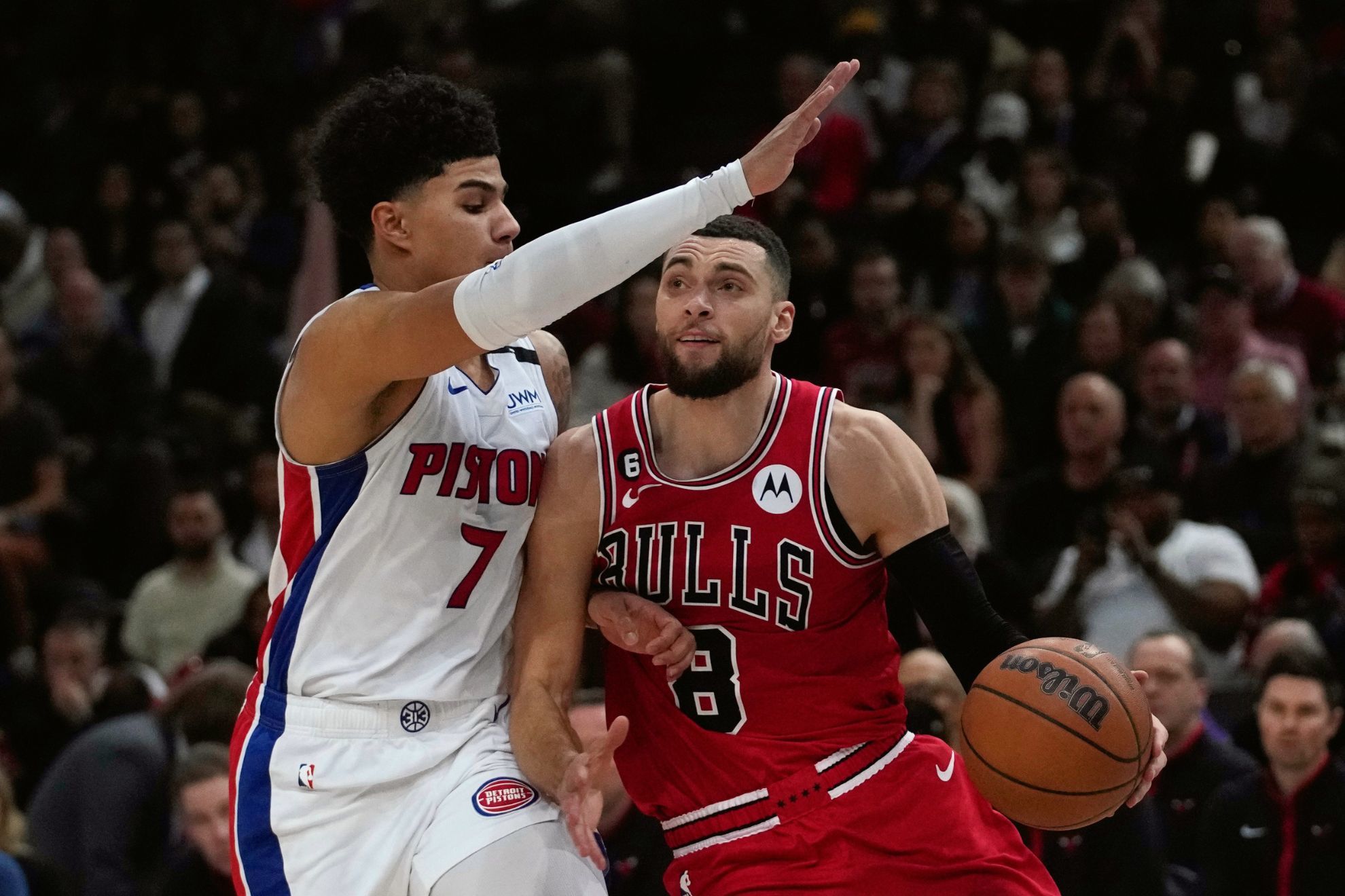 Detroit Pistons Killian Hayes (left) guards Chicago Bulls Zach LaVine during the NBA game in Paris.