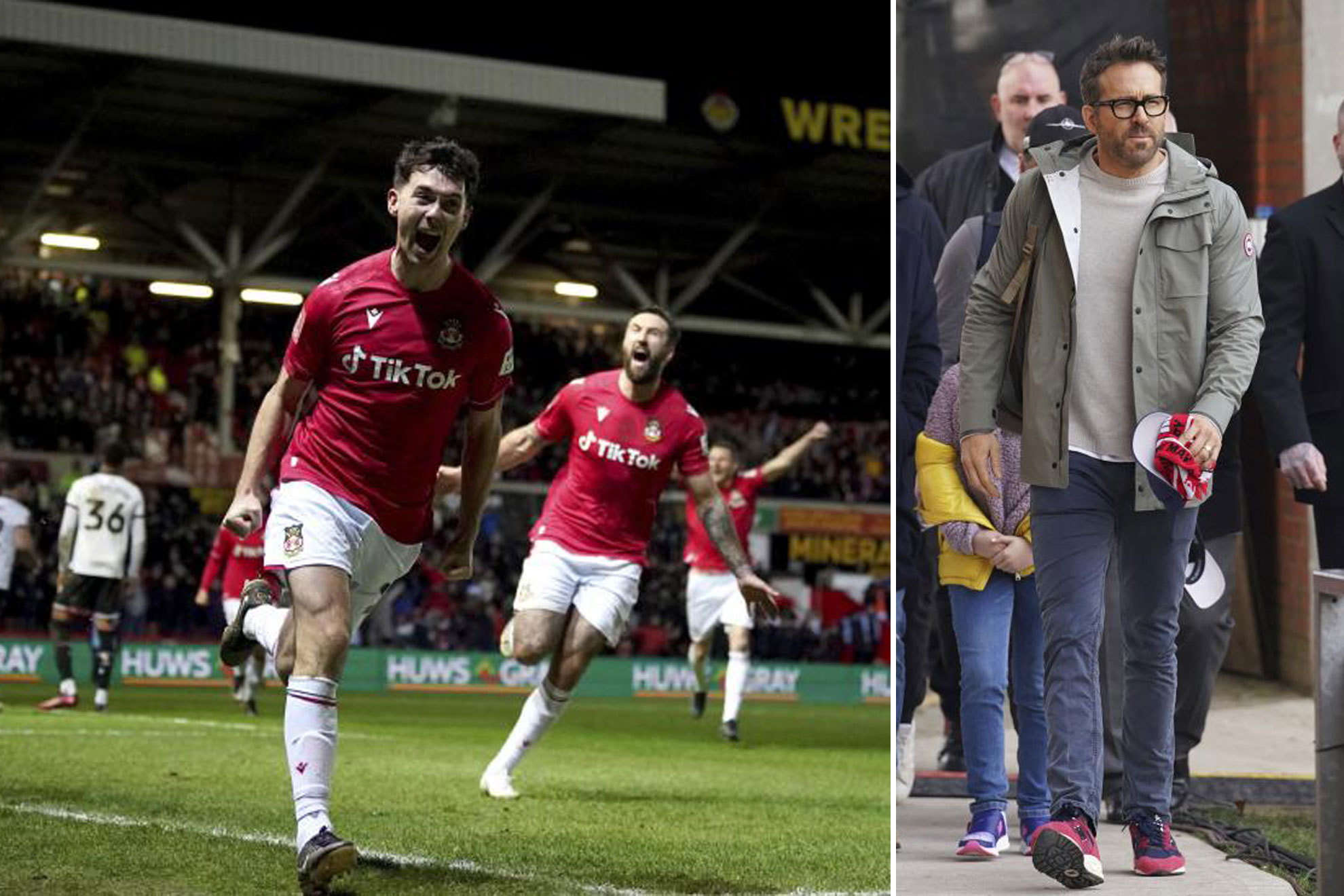 Wrexham celebrate with Ryan Reynolds watching.