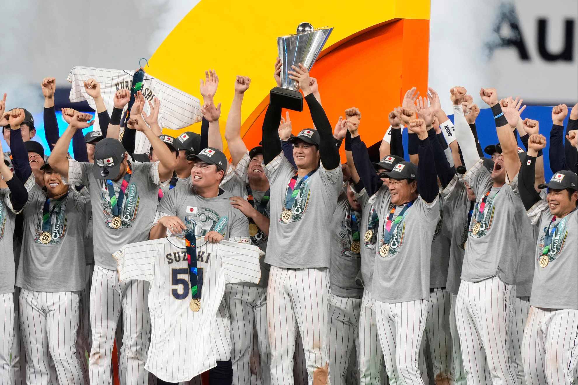Team Japan celebrates after winning the World Baseball Classic final game against the U.S., Tuesday, March 21, 2023, in Miami.