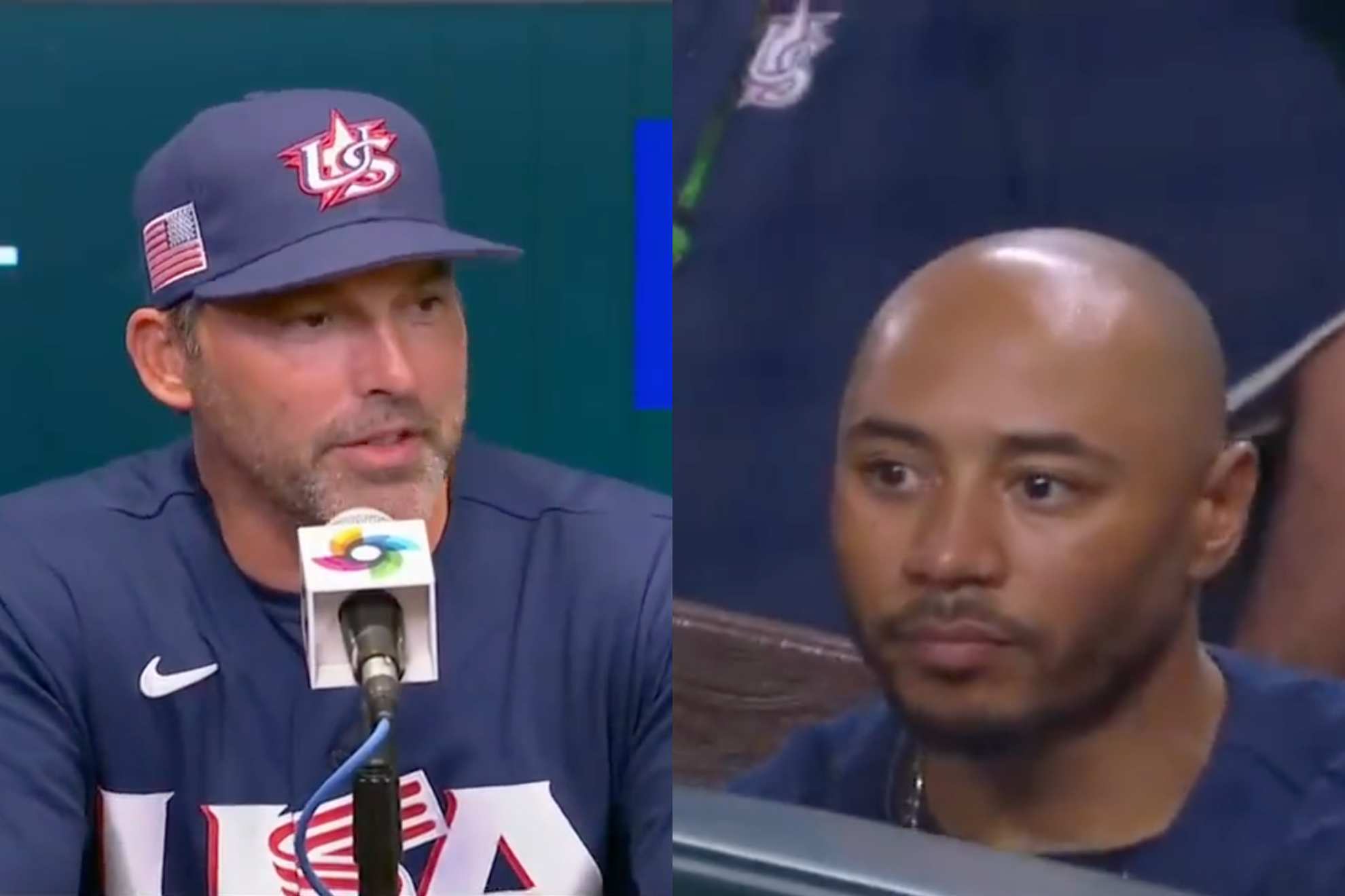 Mark DeRosa (left) speaks to the media after USAs loss against Japan. Mookie Betts (right) distraught after batting led to double play in 9th inning.