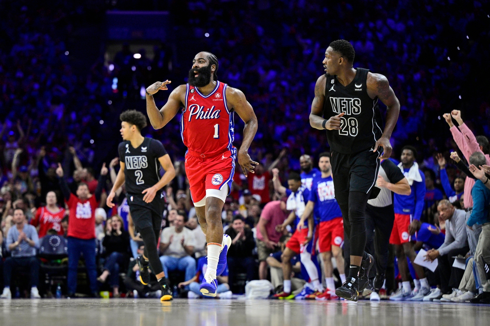 James Harden after hitting a three point shot.