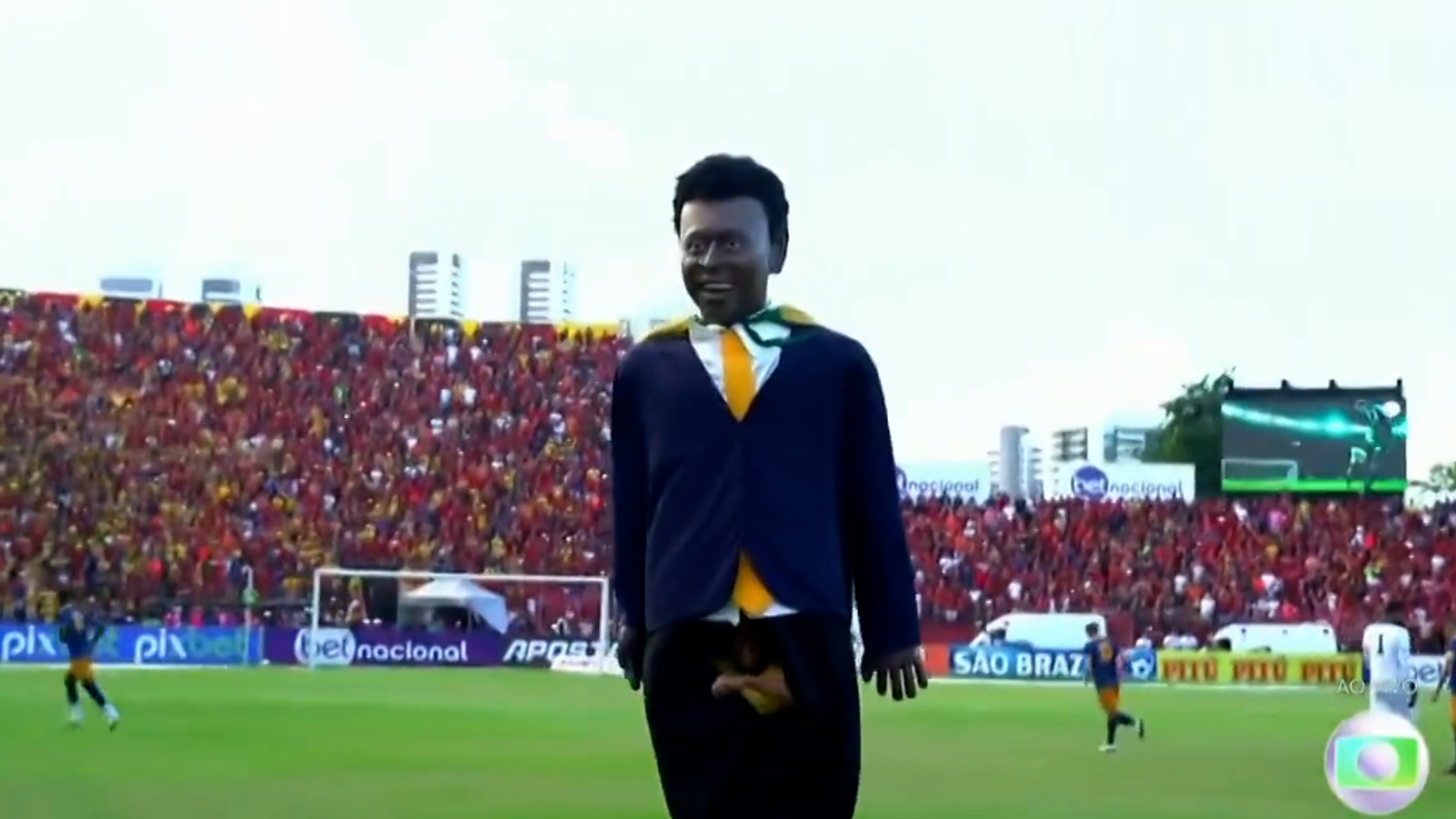 Giant Pel� doll horrifies fans with embarrassing wardrobe malfunction during Brazilian cup final homage
