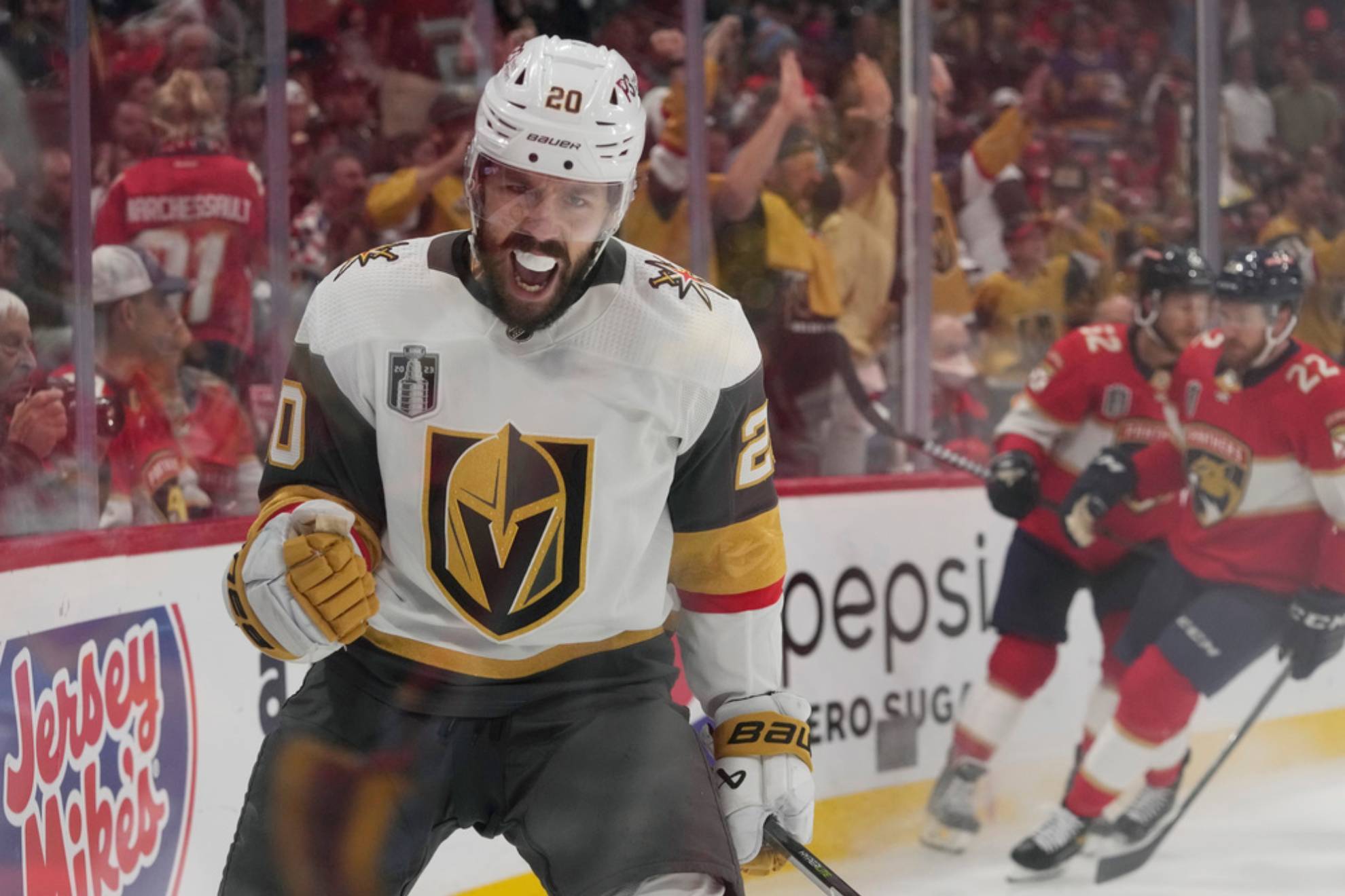 Vegas Golden Knights center Chandler Stephenson celebrates after scoring a goal