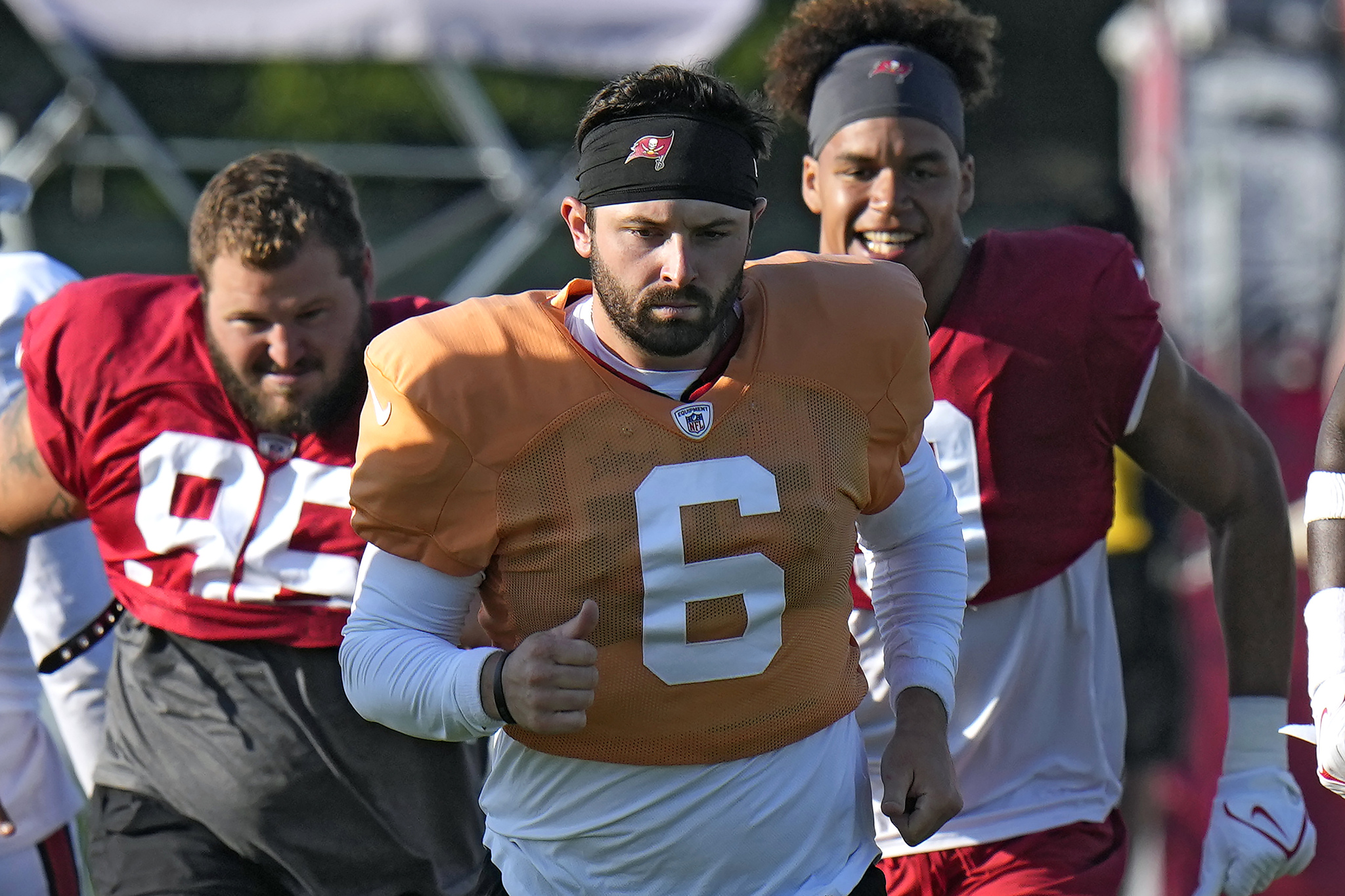Baker Mayfield, pictured here in the Bucs training camp, still hasnt secured his starting job.