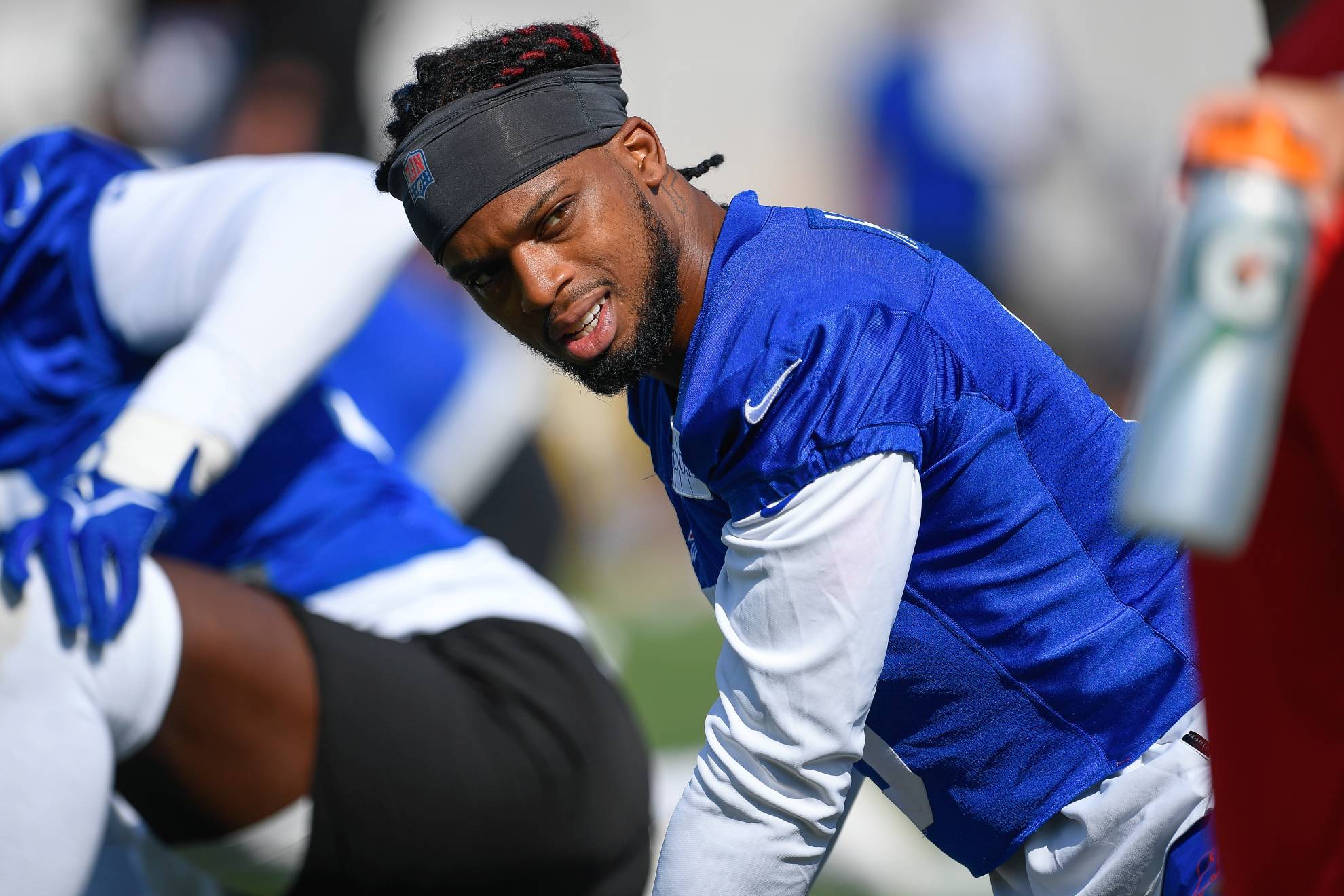 Damar Hamlin warms up during practice at the Bills training camp