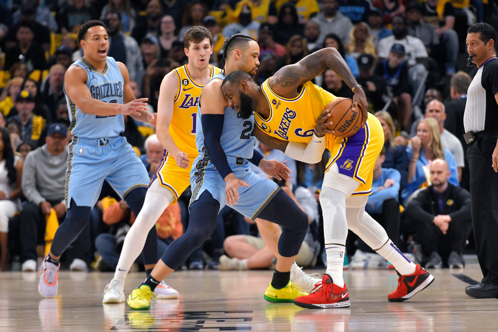 Dillon Brooks and LeBron James going at it in the 2023 NBA playoffs.