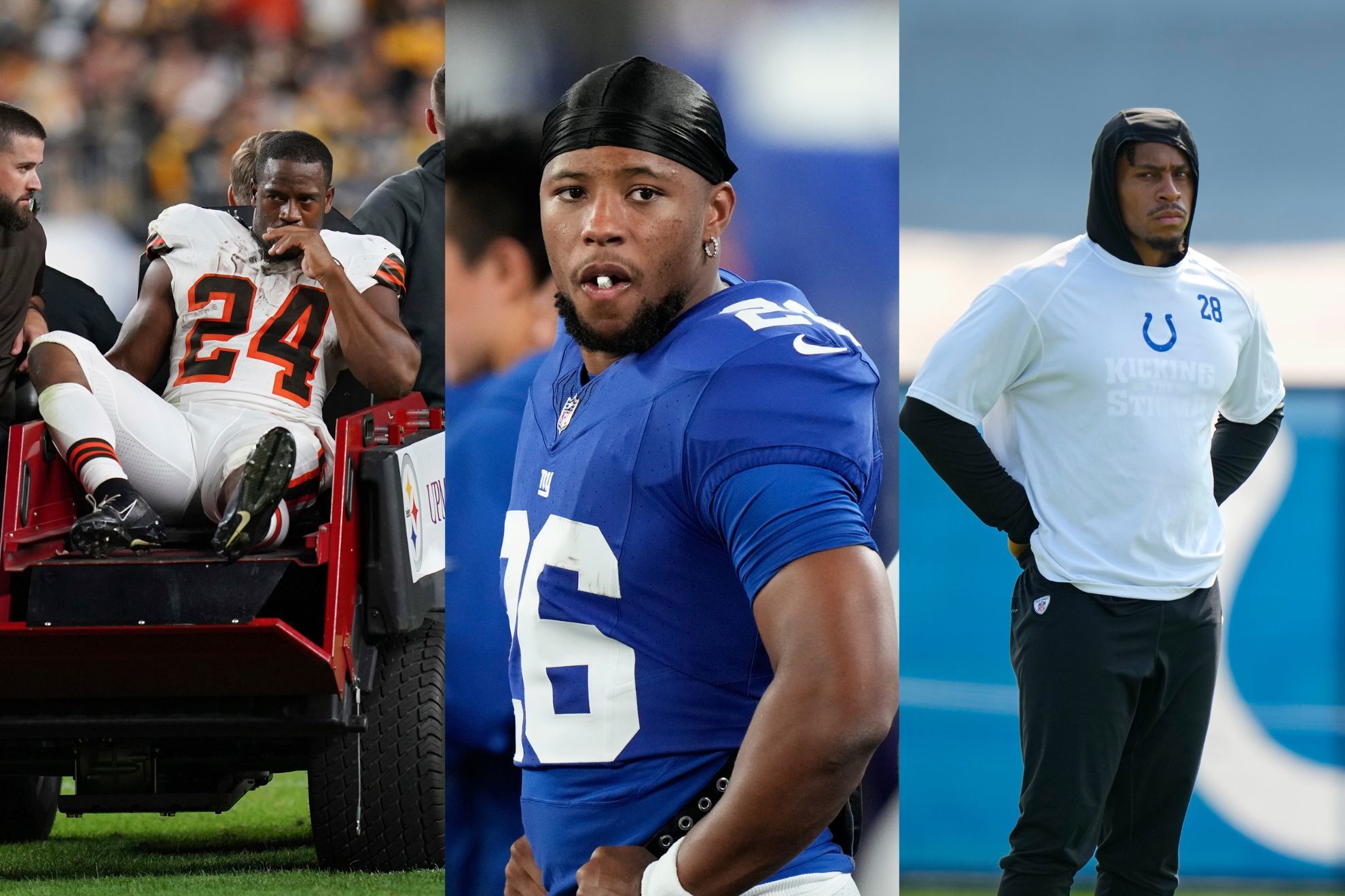 Nick Chubb (left), Saquon Barkley and Jonathan Taylor (right) were all RBs involved in contract talks in summer.