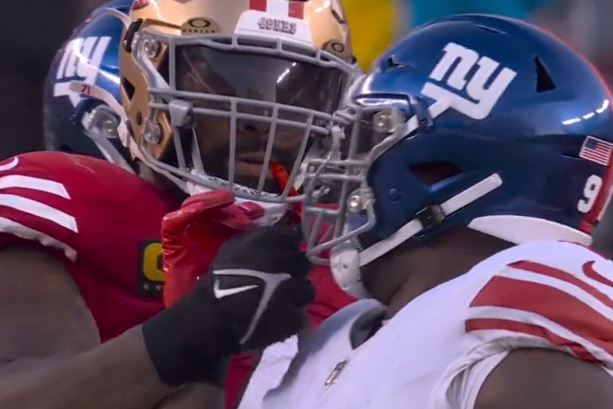 Trent Williams punches AShawn Robinson directly in the facemask.