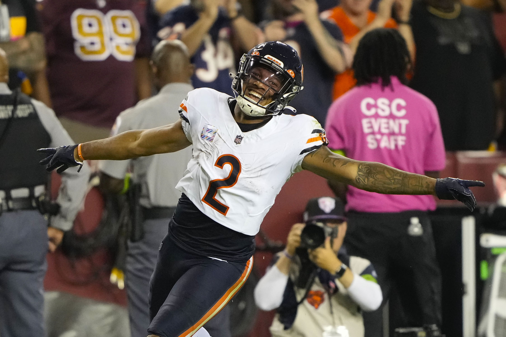 Bears Receiver DJ Moore celebrates one of his three touchdowns in a dominant win over Washington on Thursday Night Football.
