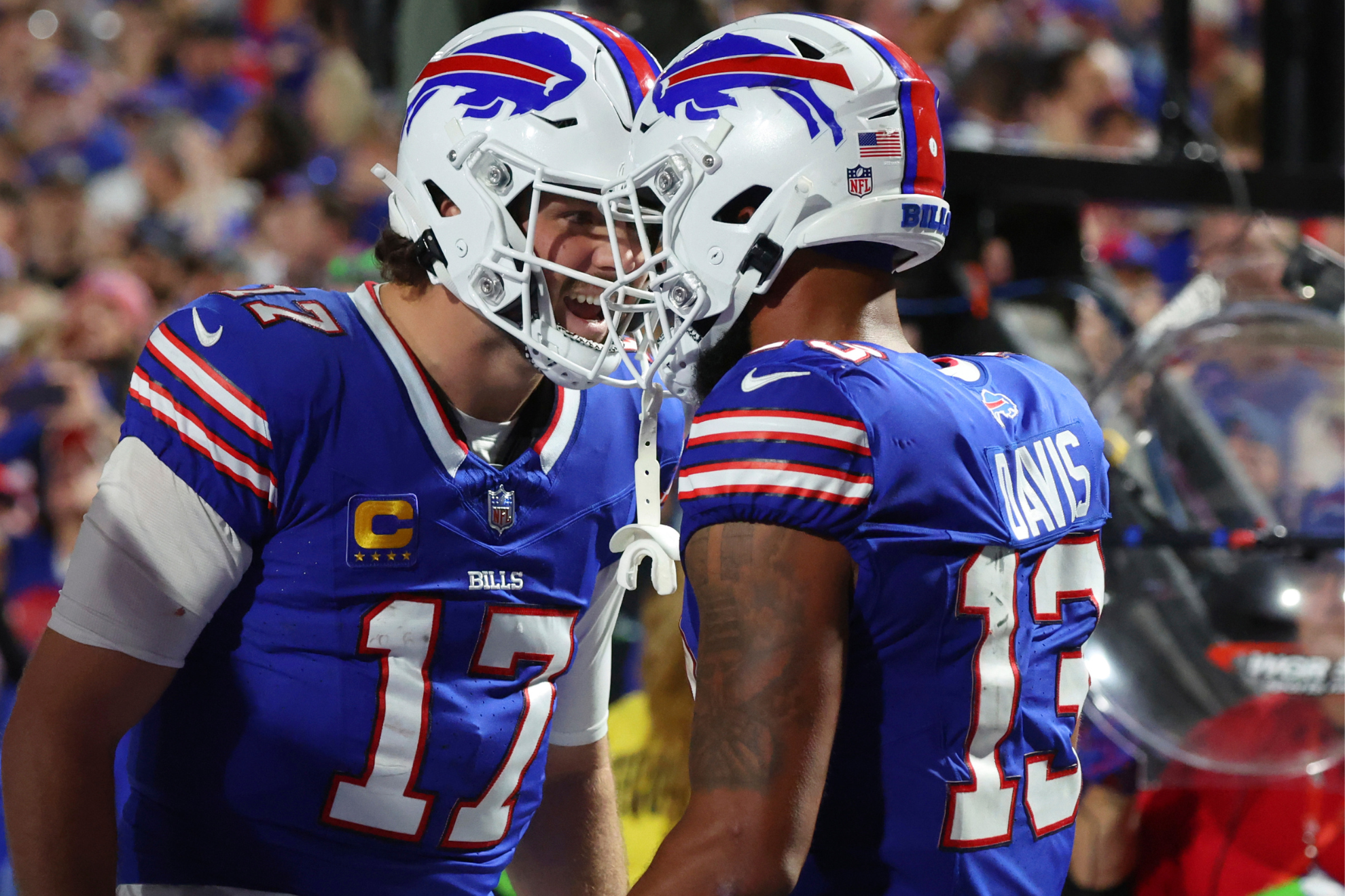 Josh Allen and Gabe Davis celebrate a second-half touchdown.