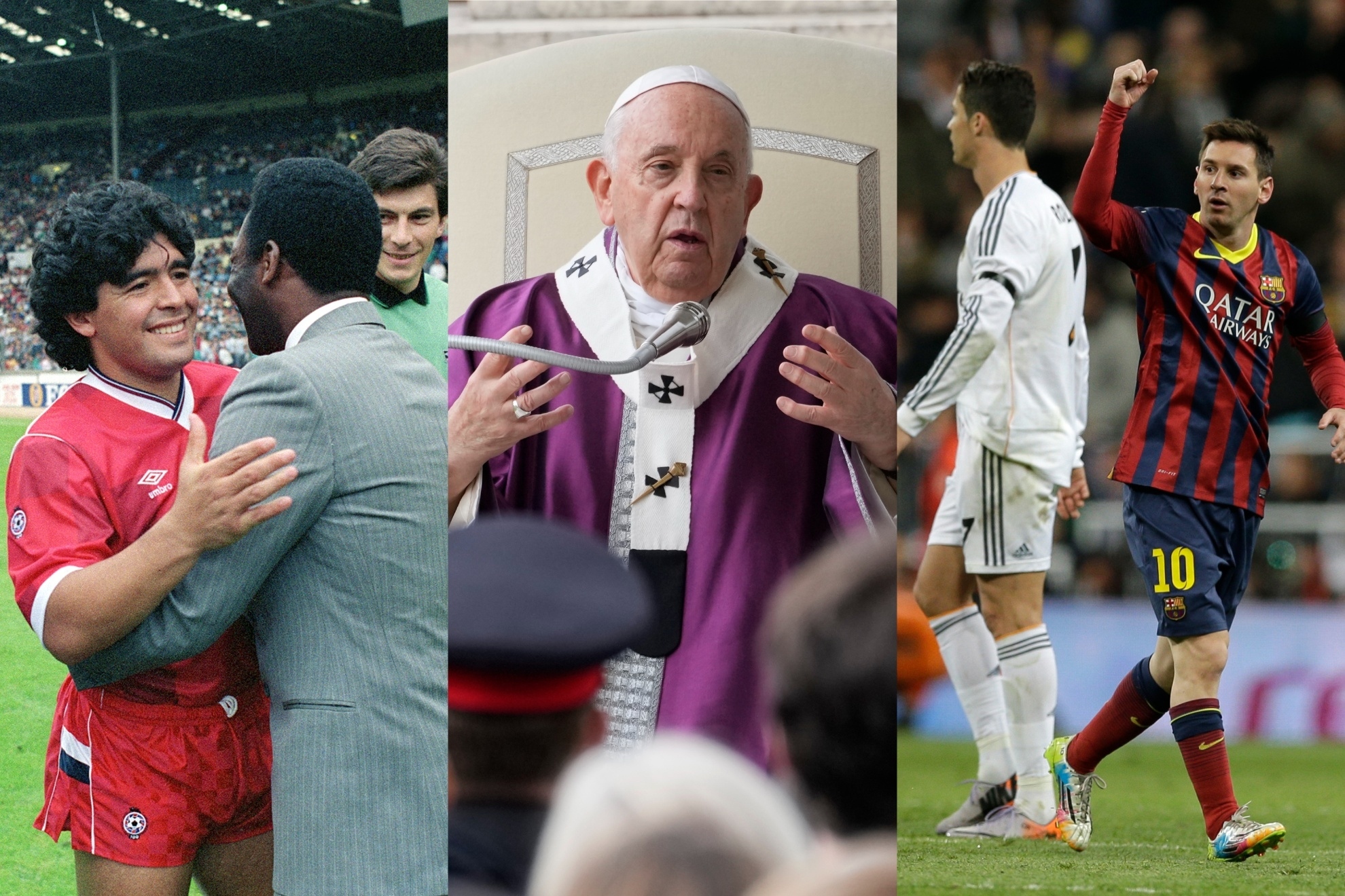 Mashup image of Pope Francis, Pel�, Maradona, Messi, and Cristiano Ronaldo