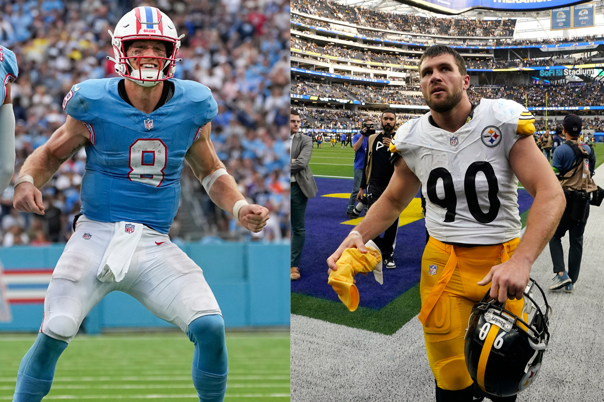 Can Will Levis (left) inspire Tennessee to a road win over T.J. Watt (right) and the Steelers?