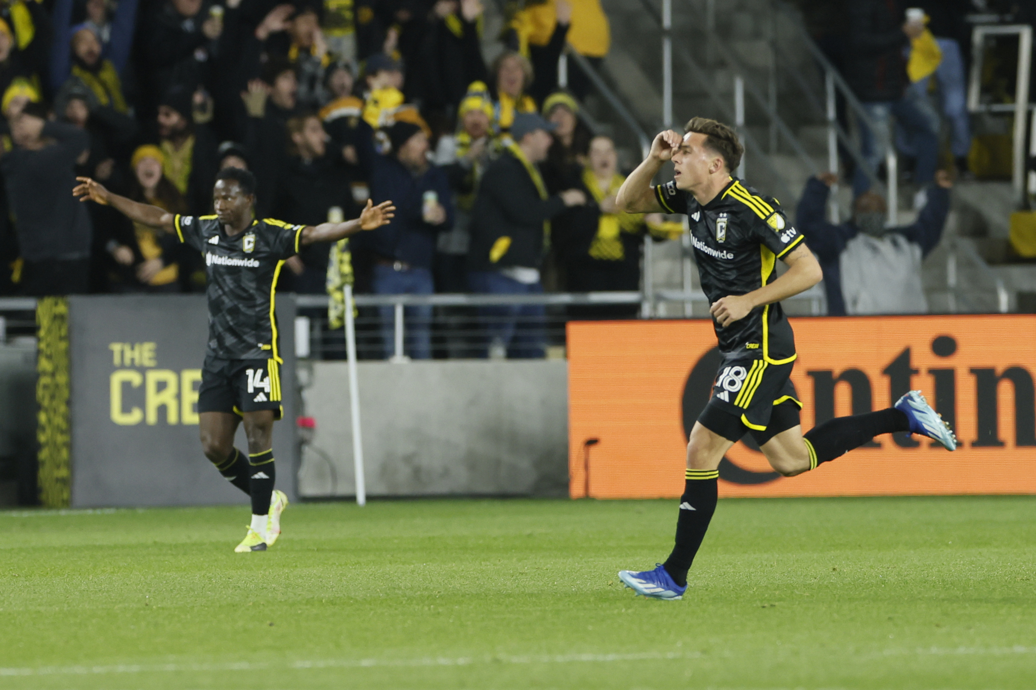 The Crews Malte Amundsen (right) celebrates after his goal against Atlanta United.