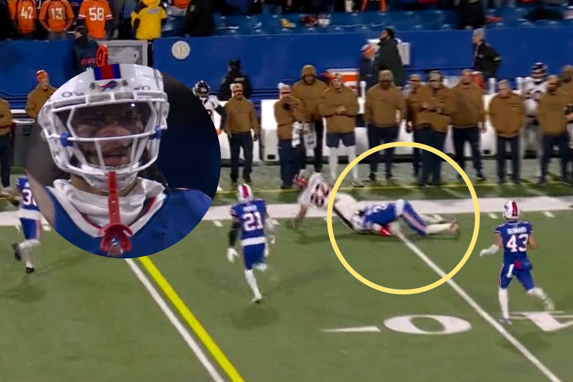 Damar Hamlin records his first tackle after suffering a cardiac arrest on January 2.