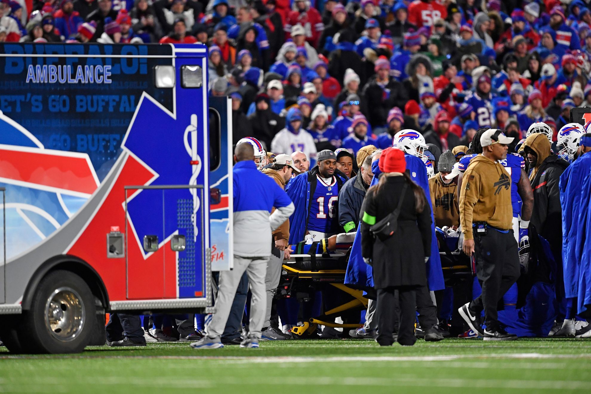 Bills safety Taylor Rapp leaves field in ambulance as Damar Hamlin watches