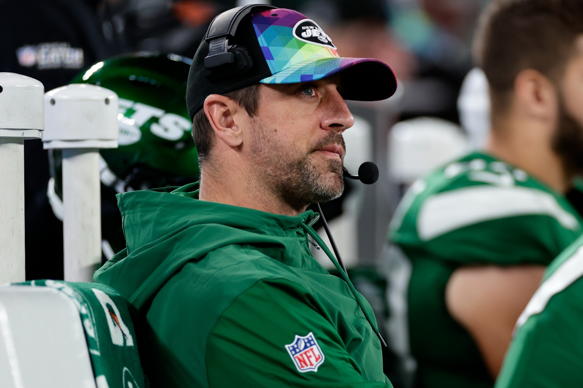 Aaron Rodgers, the injured New York Jets star quarterback.