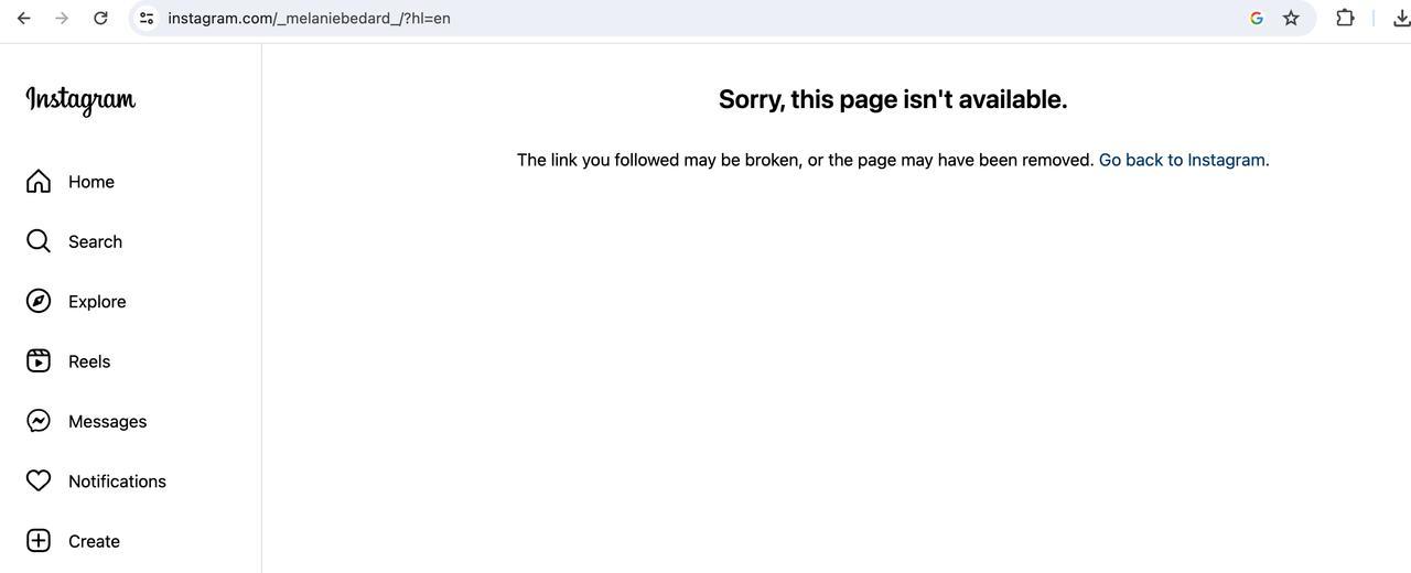 Melanie Bedard's Instagram account was deleted.