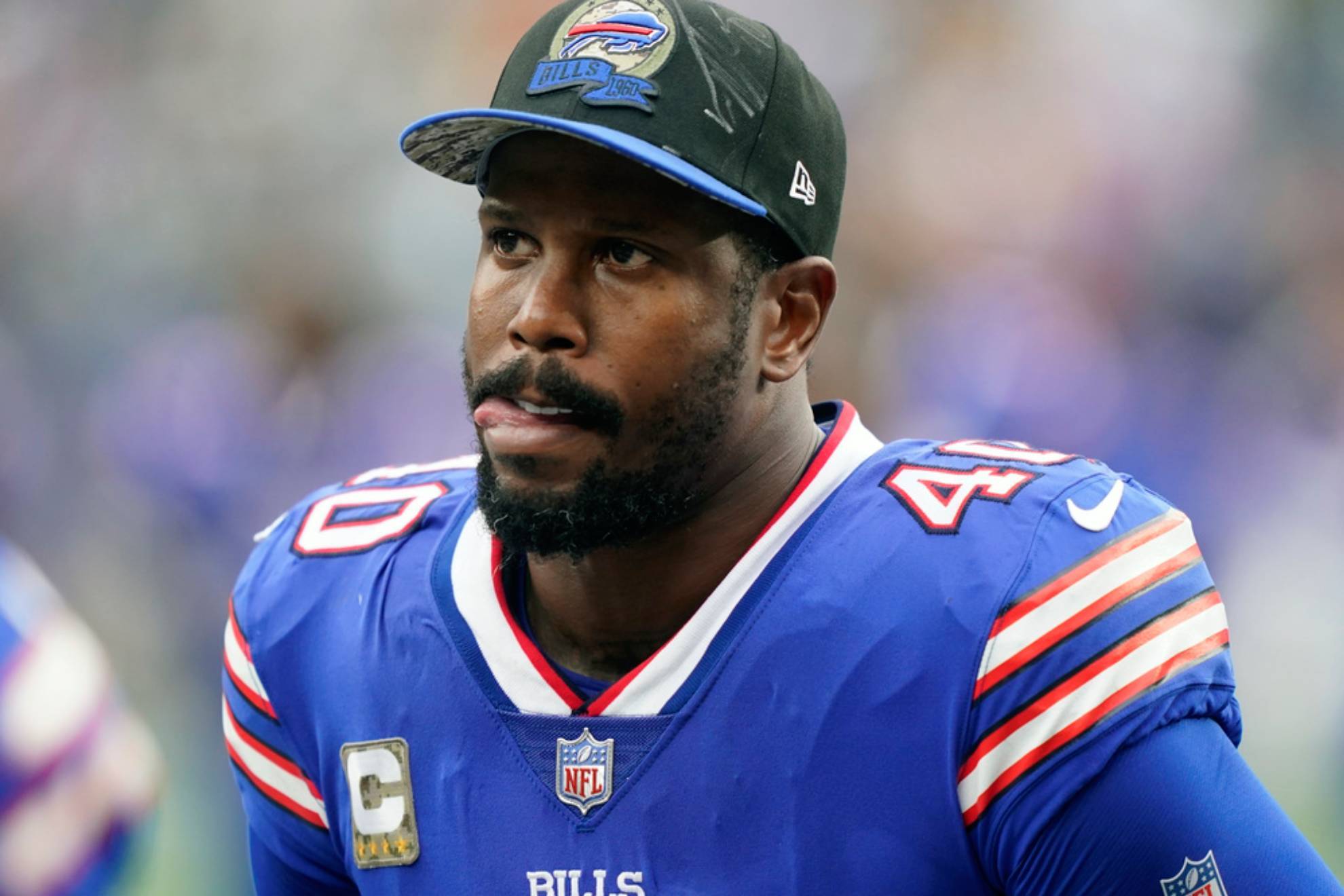 Von Miller reacts during the first half of an NFL football game against the New York Jets