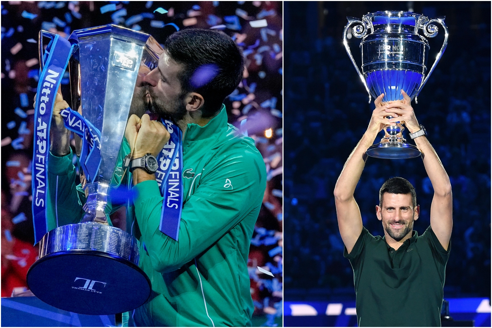 Novak Djokovic posa con su s�ptima Copa de Maestros y con el trofeo de n�mero 1 del ranking ATP