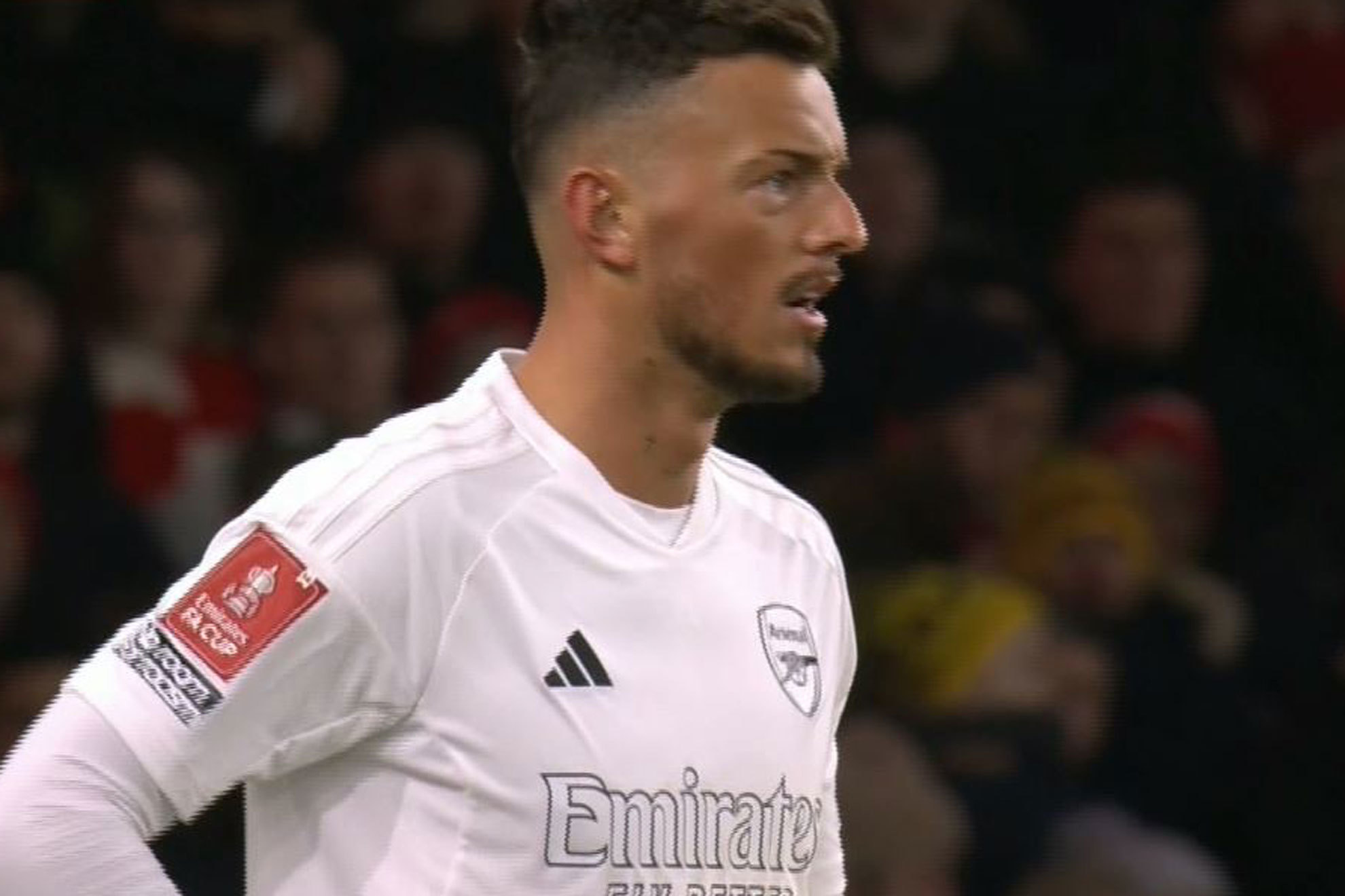 Ben White wearing Arsenals white jersey