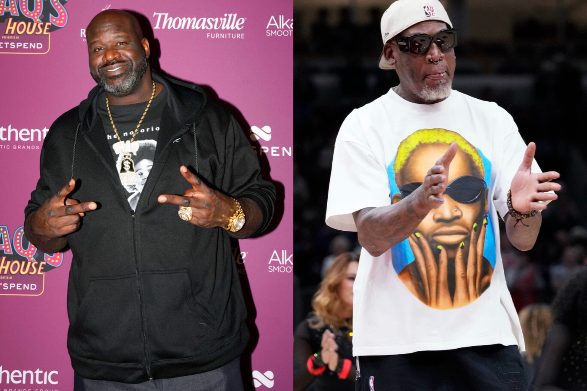 Shaquille ONeal (L) still remembers Dennis Rodmans foul play.