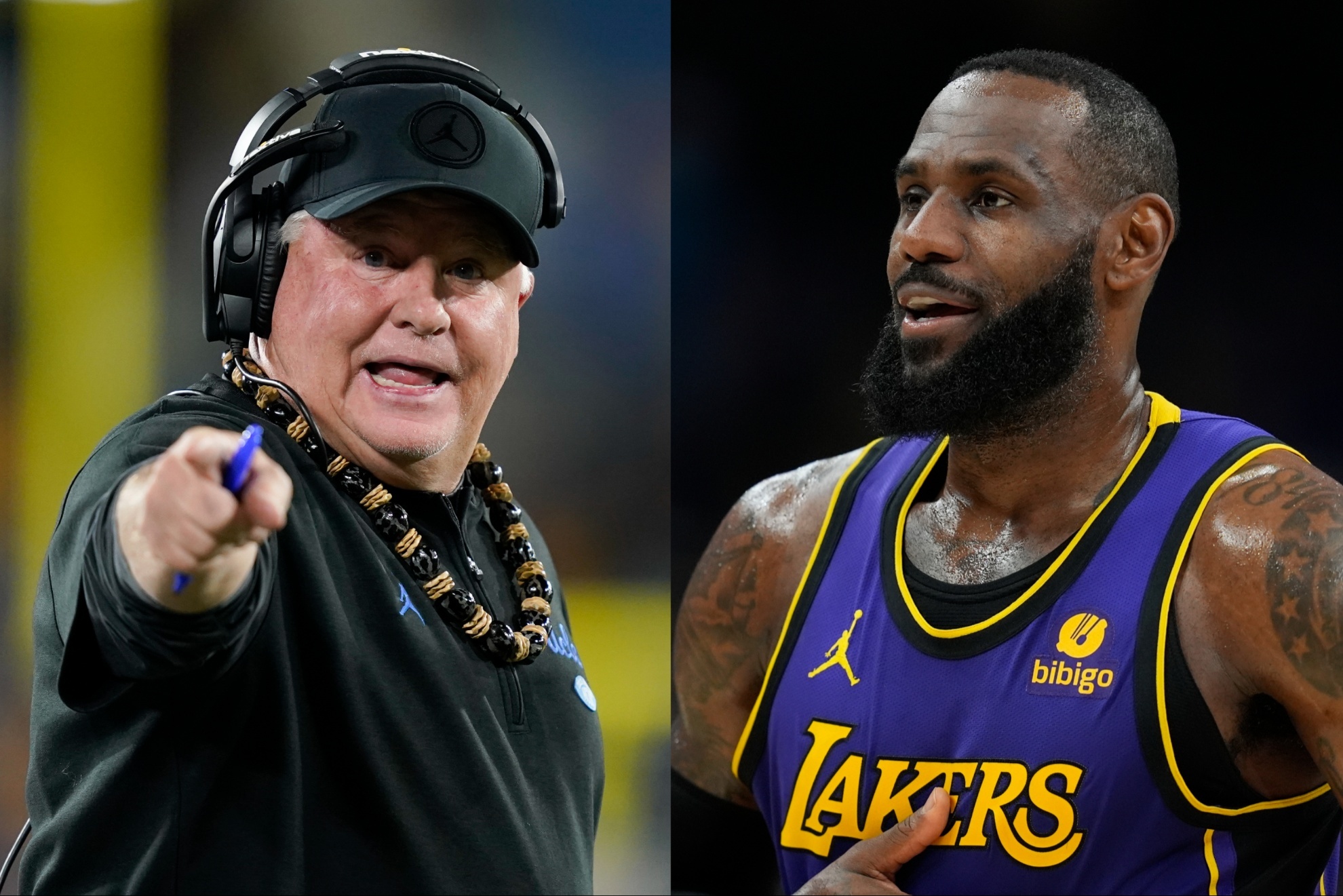 UCLA coach Chip Kelly and Lakers superstar LeBron James.
