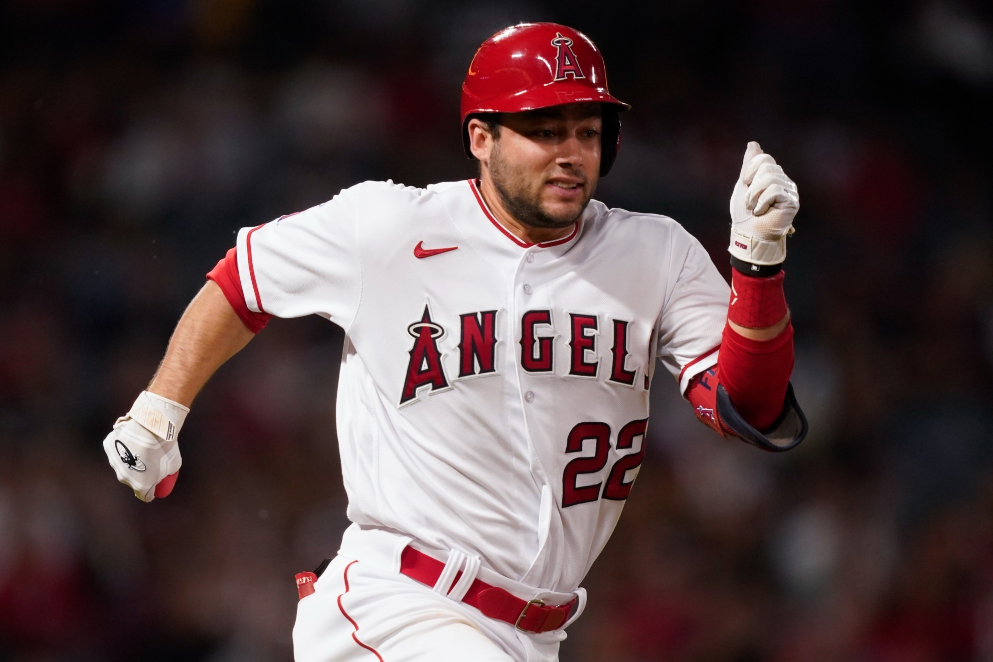 Los Angeles Angels David Fletcher runs to first on a bunt single against the Oakland Athletics during the third inning of a baseball game Friday, Sept. 29, 2023, in Anaheim, Calif. (AP Photo/Ryan Sun)