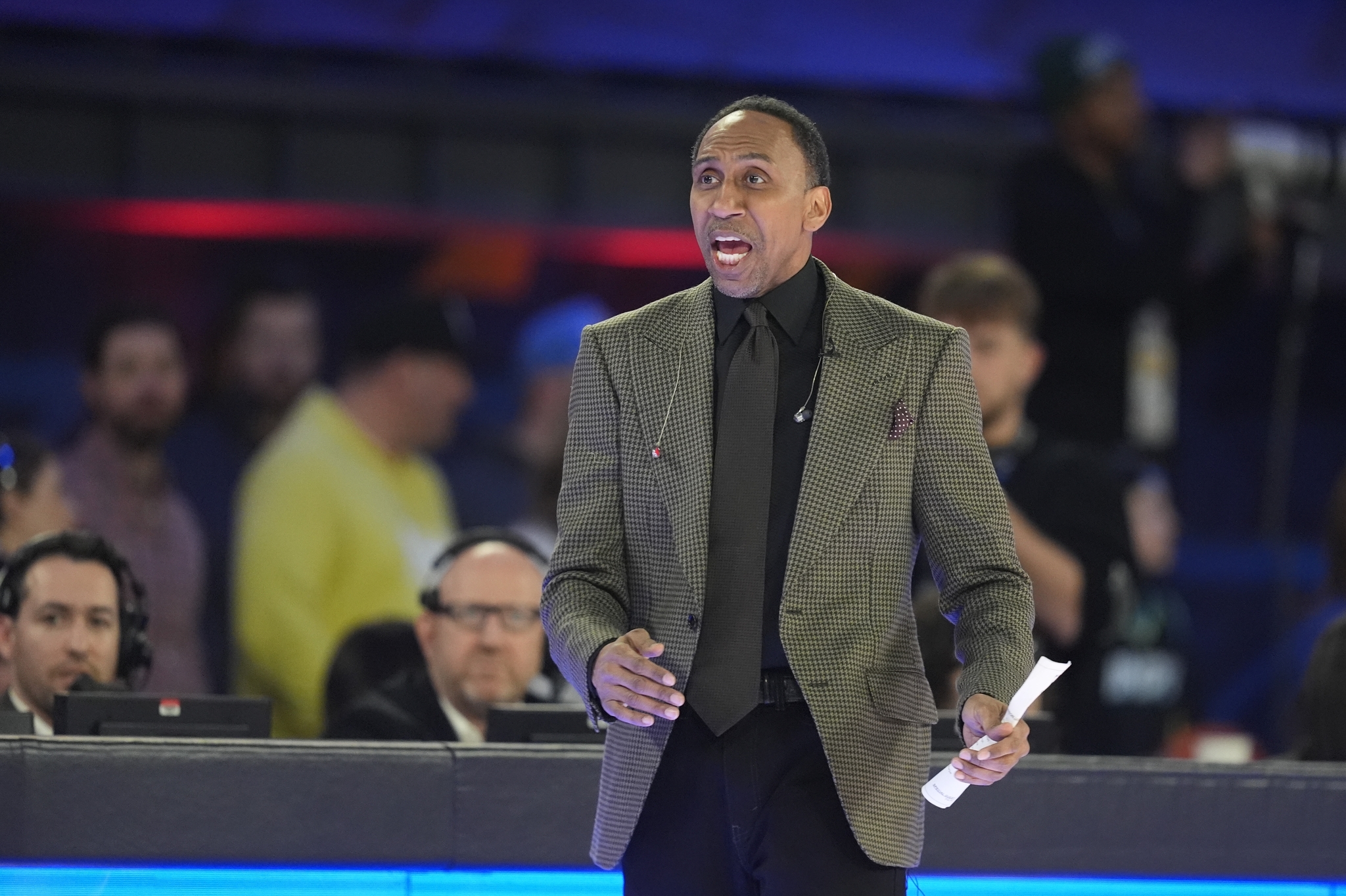 Stephen A. Smith shouts during the first half of the NBA All-Star Celebrity Game
