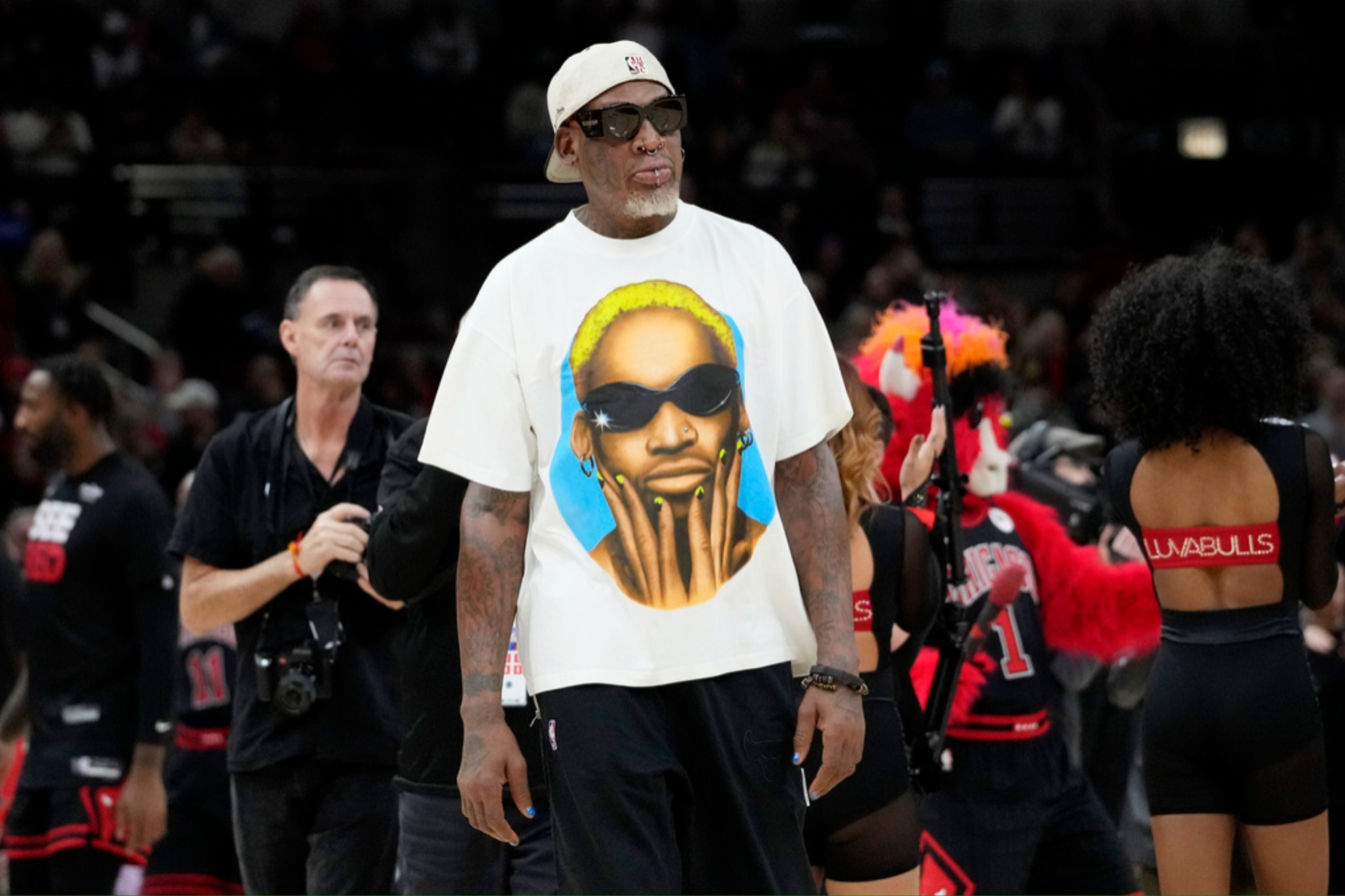 Dennis Rodman at an NBA game between the Miami Heat and the Chicago Bulls