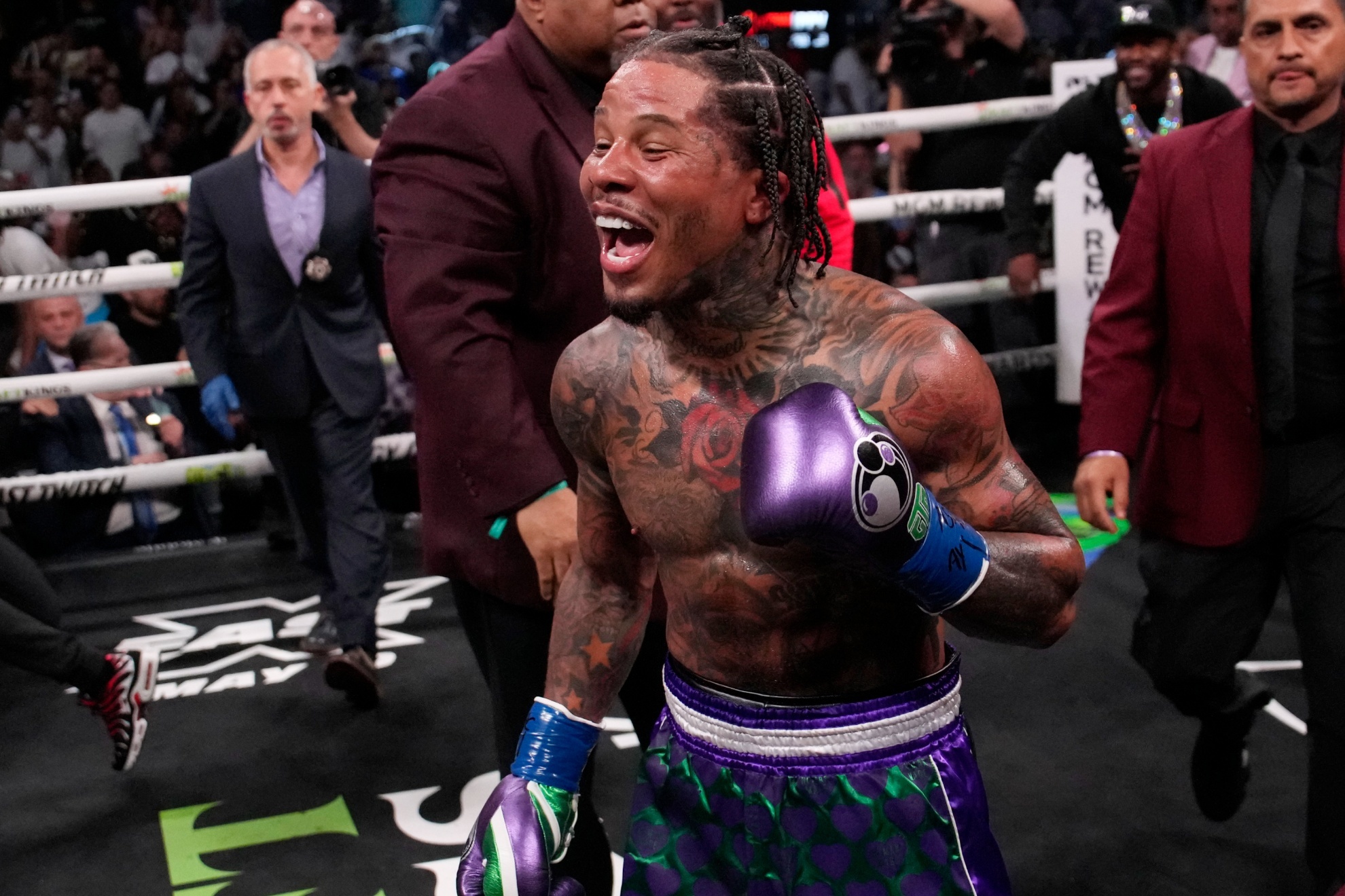 Gervonta Davis celebrates after defeating Ryan Garcia in a lightweight boxing bout Saturday, April 22, 2023, in Las Vegas. (AP Photo/John Locher)