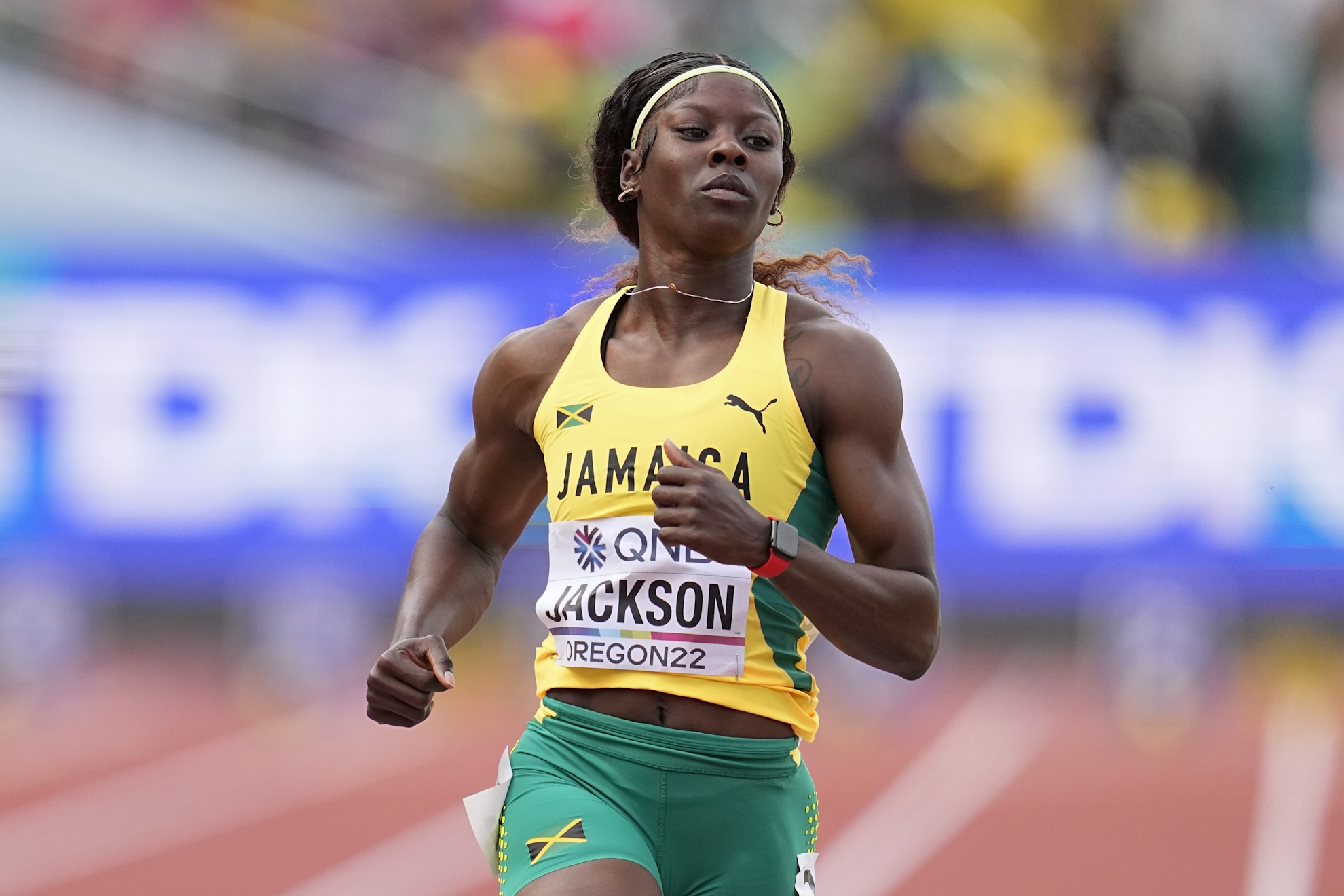 Shericka Jackson, of Jamaica, wins a heat in the womens 100-meter run at the World Athletics Championships.