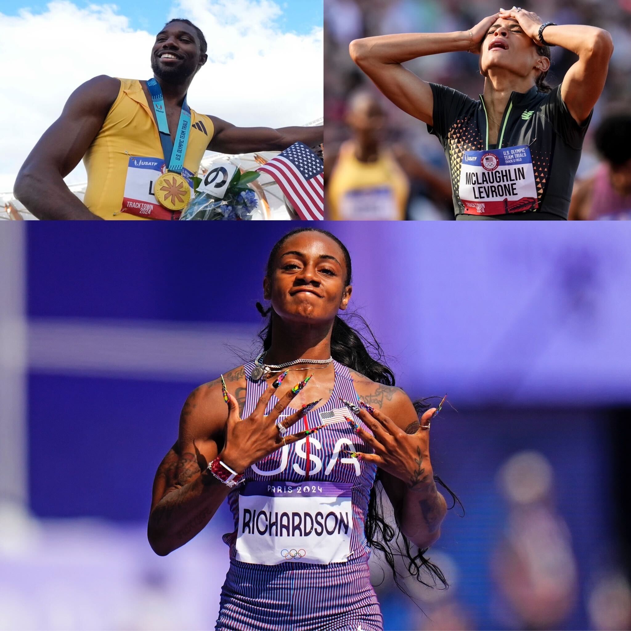 US track and field athletes Noah Lyles (left), Sydney McLaughlin (right) and Shacarri Richardson
