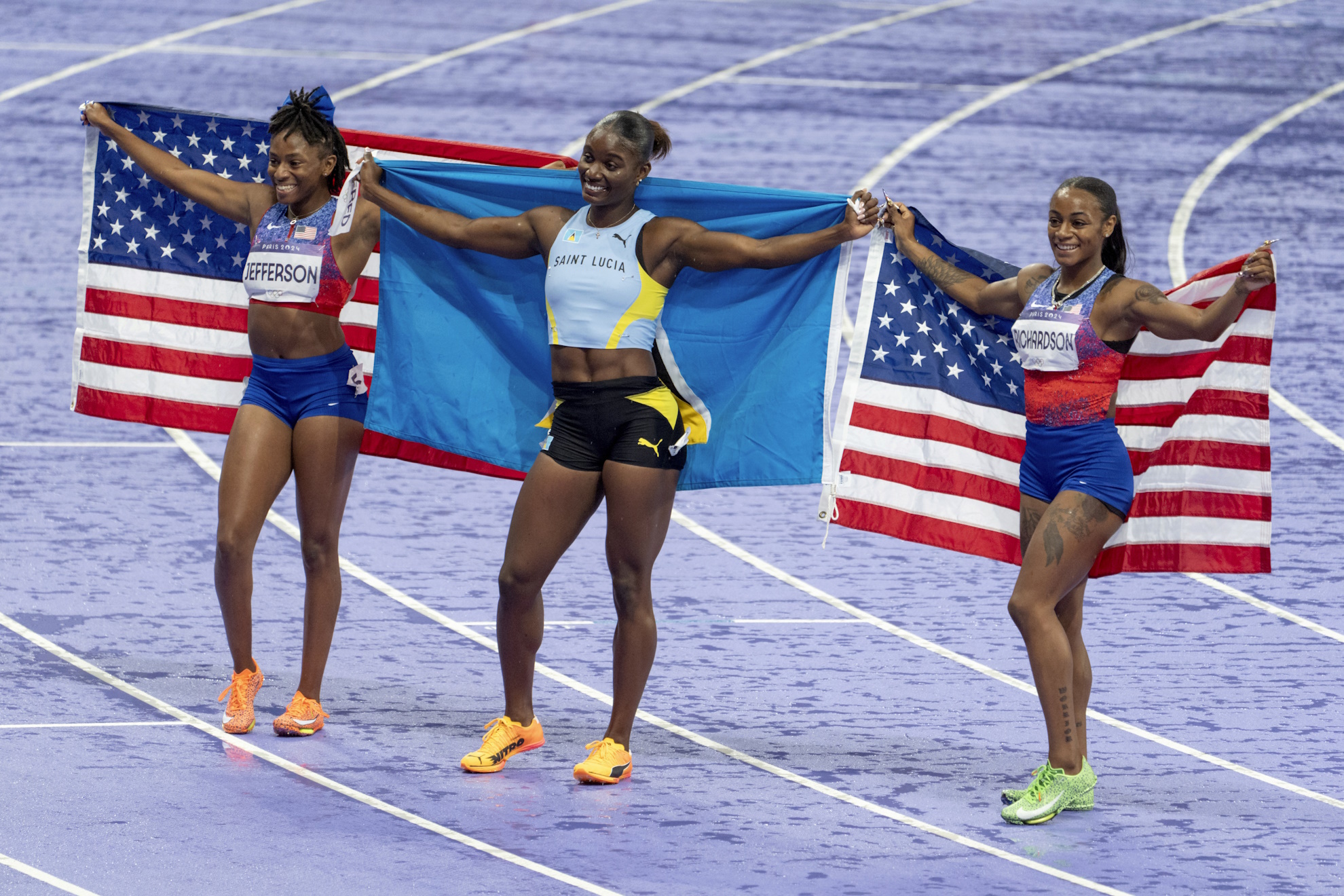 Paris Olympics Athletics Track and Fiels Julien Alfred Saint Lucia gold medalist women 100-meter final Melissa Jefferson Shacarri Richardson United States Summer Games Saint-Denis France