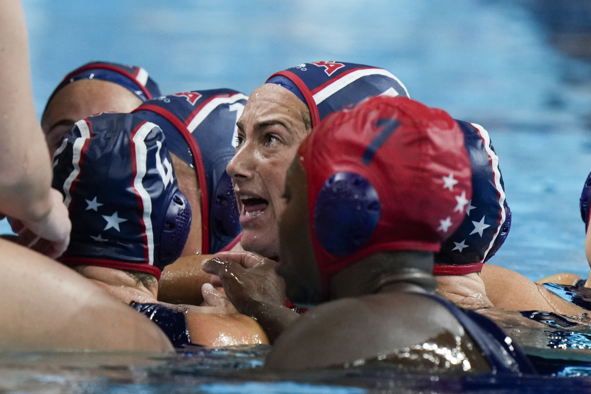 United States Maggie Steffens grimaces during a lt;HIT gt;women lt;/HIT gt;s quarterfinal match between lt;HIT gt;USA lt;/HIT gt; and Hungary, at the 2024 Summer Olympics, Tuesday, Aug. 6, 2024, in Paris. (AP Photo/Luca Bruno)