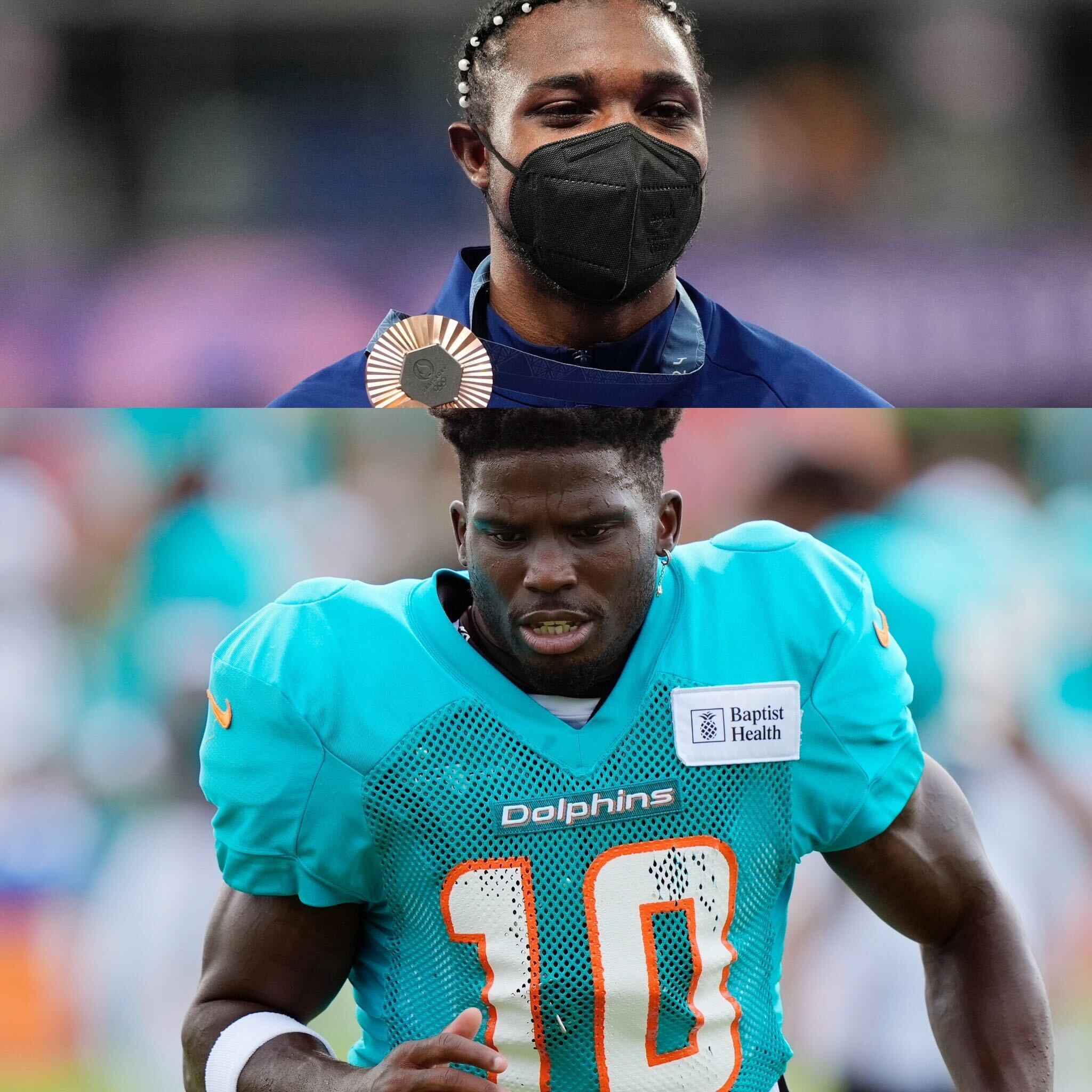 Olympic medalist Noah Lyles (Top) and Dolphins WR Tyreek Hill