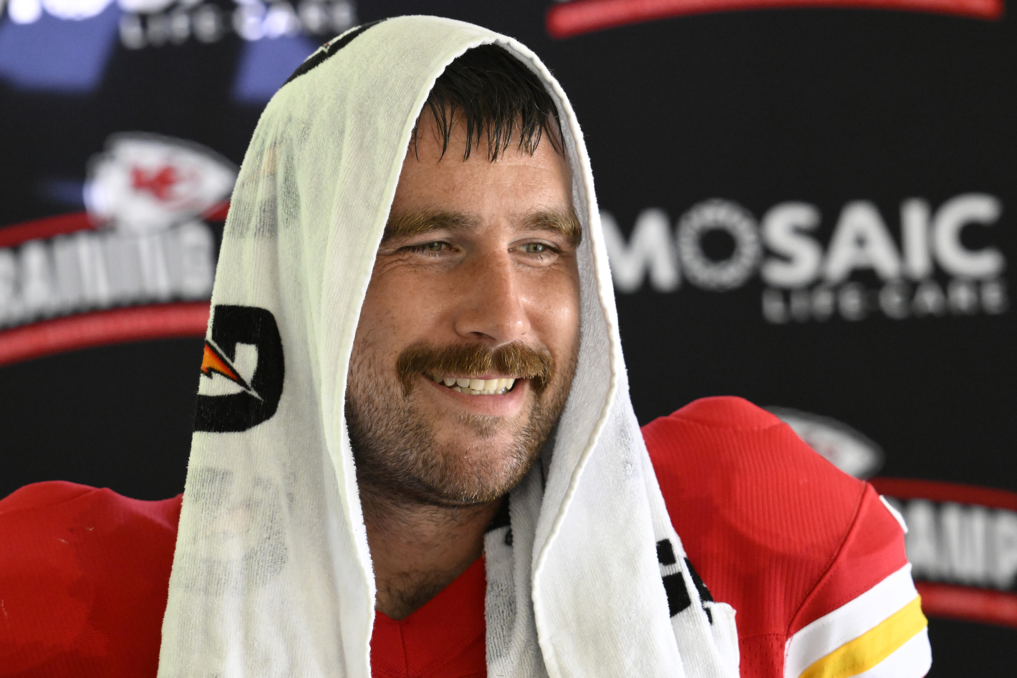 Kansas City Chiefs tight end Travis Kelce speaks to the media after an NFL football training camp