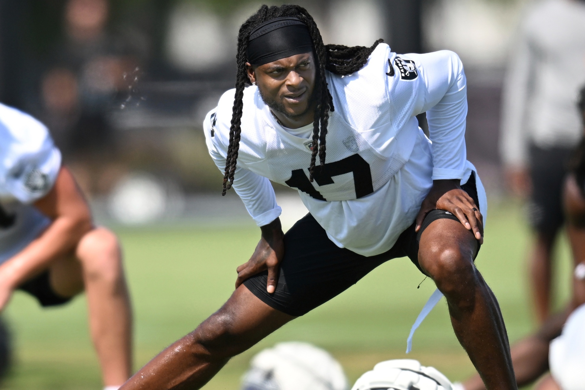 Las Vegas Raiders wide receiver Davante Adams works out during NFL football training camp, Thursday, July 25, 2024, in Costa Mesa, Calif. (AP Photo/John McCoy)