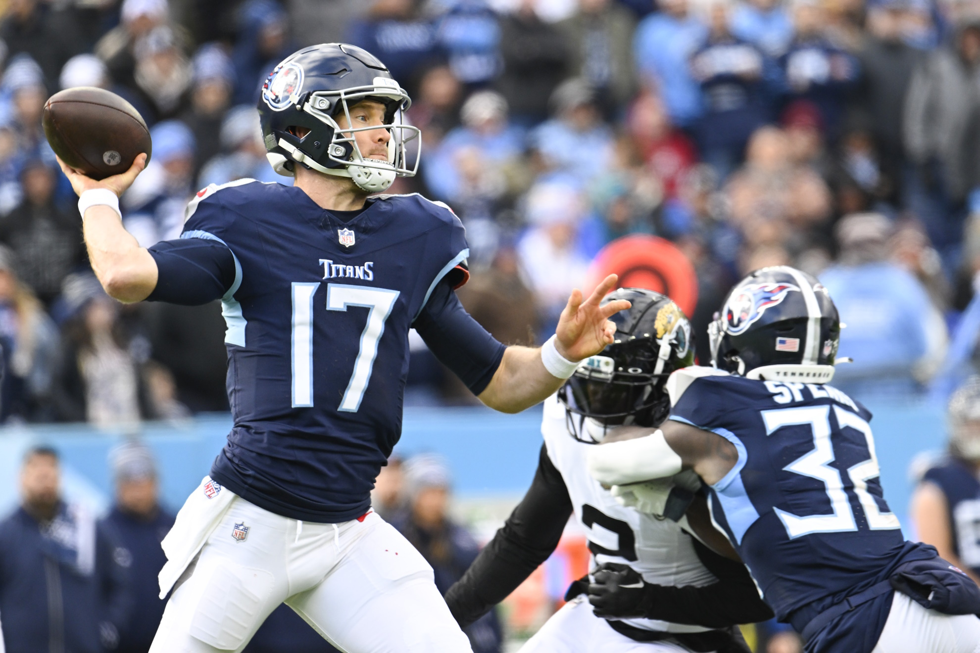 Tennessee Titans quarterback Ryan Tannehill during an NFL football game against the Jacksonville Jaguars.