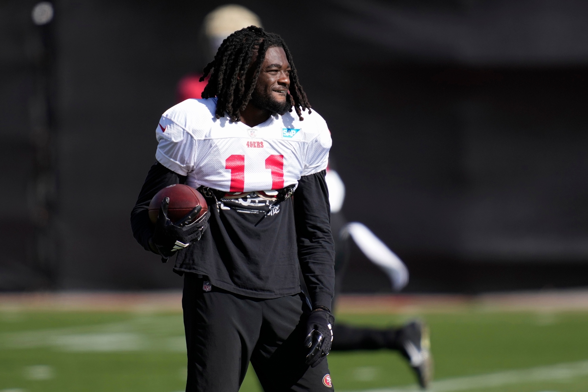 San Francisco 49ers wide receiver Brandon Aiyuk (11) watches during a practice