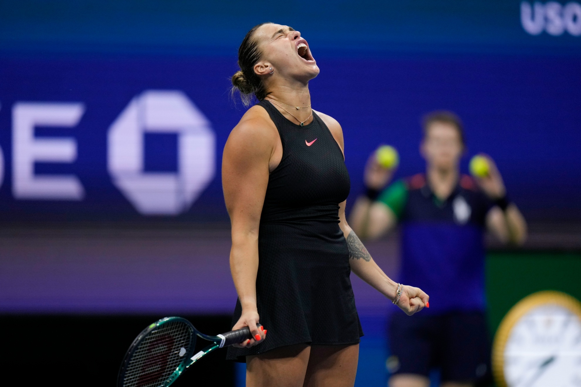Aryna Sabalenka, of Belarus, reacts against Emma Navarro, of the United States, during the womens singles semifinals of the U.S. Open tennis championships, Thursday, Sept. 5, 2024, in New York. (AP Photo/Seth Wenig)
