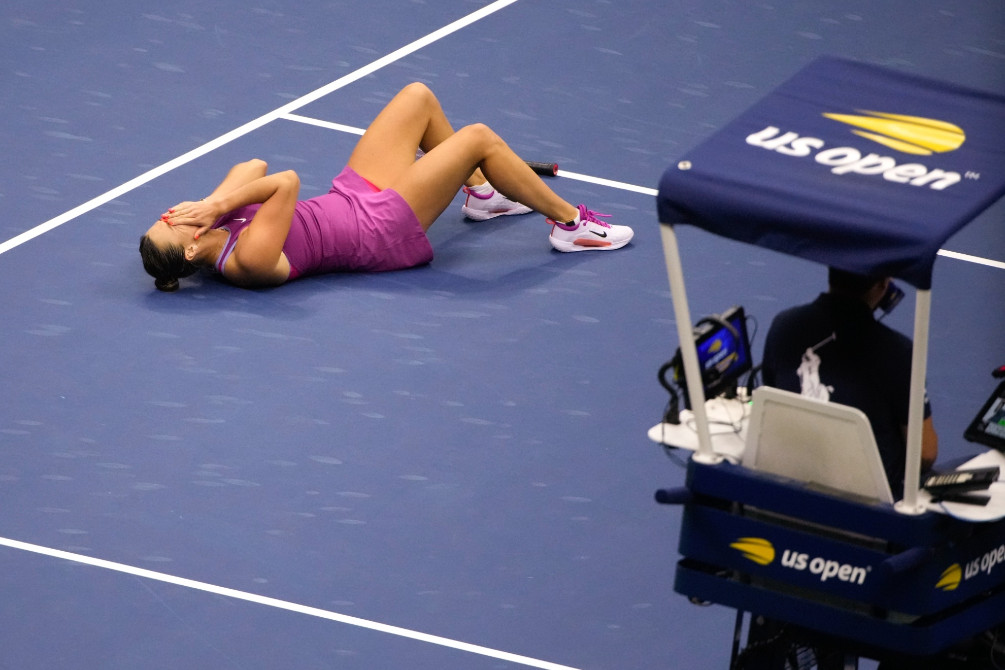 Aryna Sabalenka, of Belarus, reacts after defeating Jessica Pegula, of the United States, to win the womens singles final of the U.S. Open tennis championships, Saturday, Sept. 7, 2024, in New York. (AP Photo/Pamela Smith)